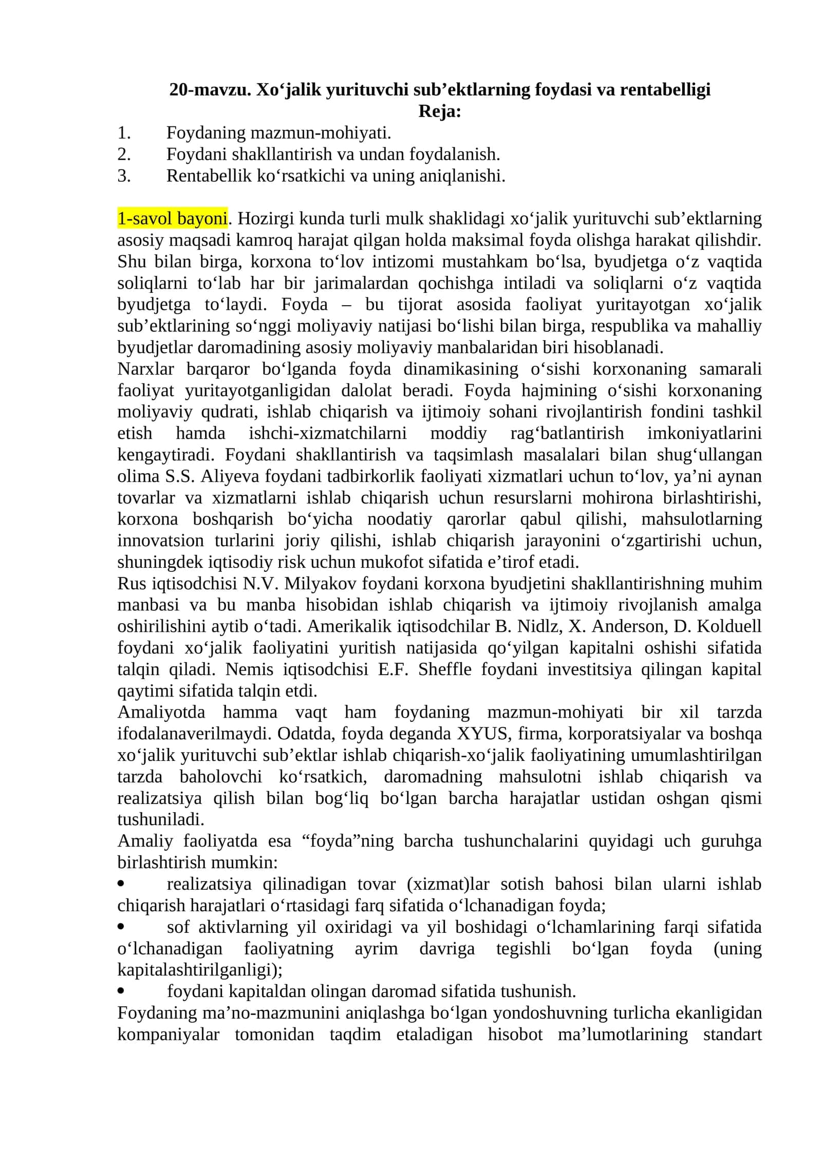 Xo‘jalik yurituvchi sub’ektlarning foydasi va rentabelligi 1