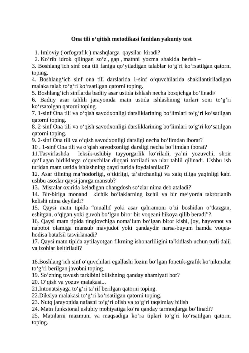 Ona tili o‘qitish metodikasi fanidan yakuniy test 1