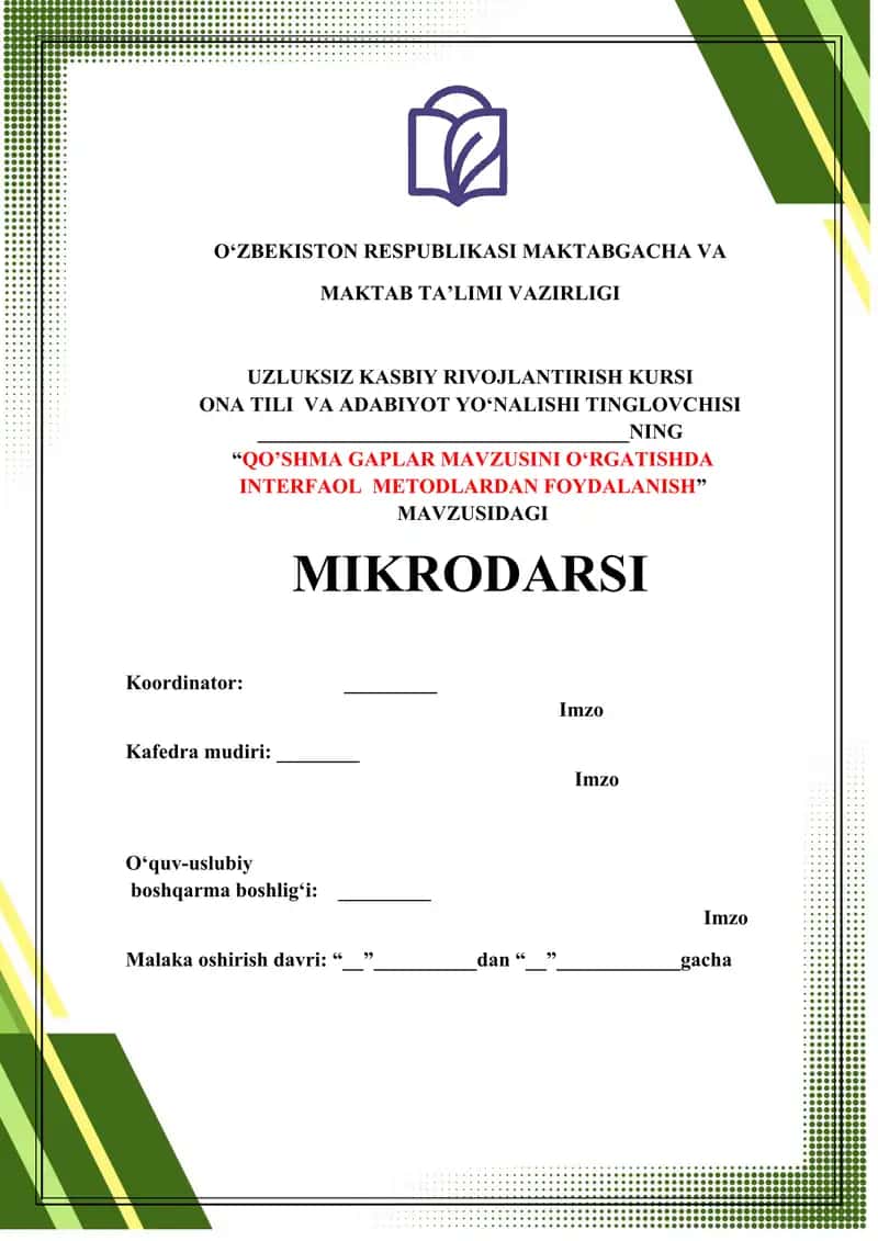 MAKTAB TA’LIMI VAZIRLIGI UZLUKSIZ KASBIY RIVOJLANTIRISH KURSI 1