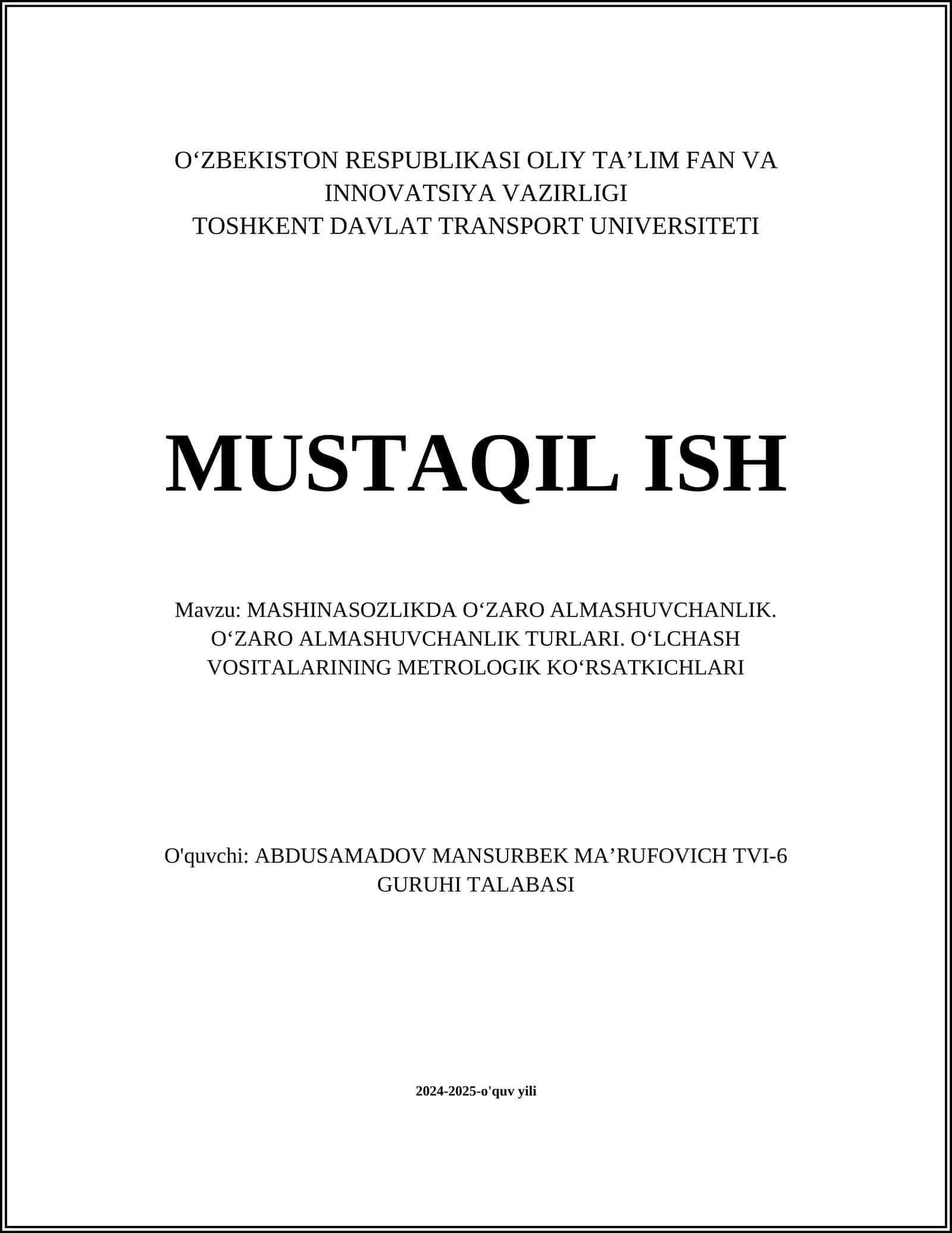 MASHINASOZLIKDA OʻZARO ALMASHUVCHANLIK 1