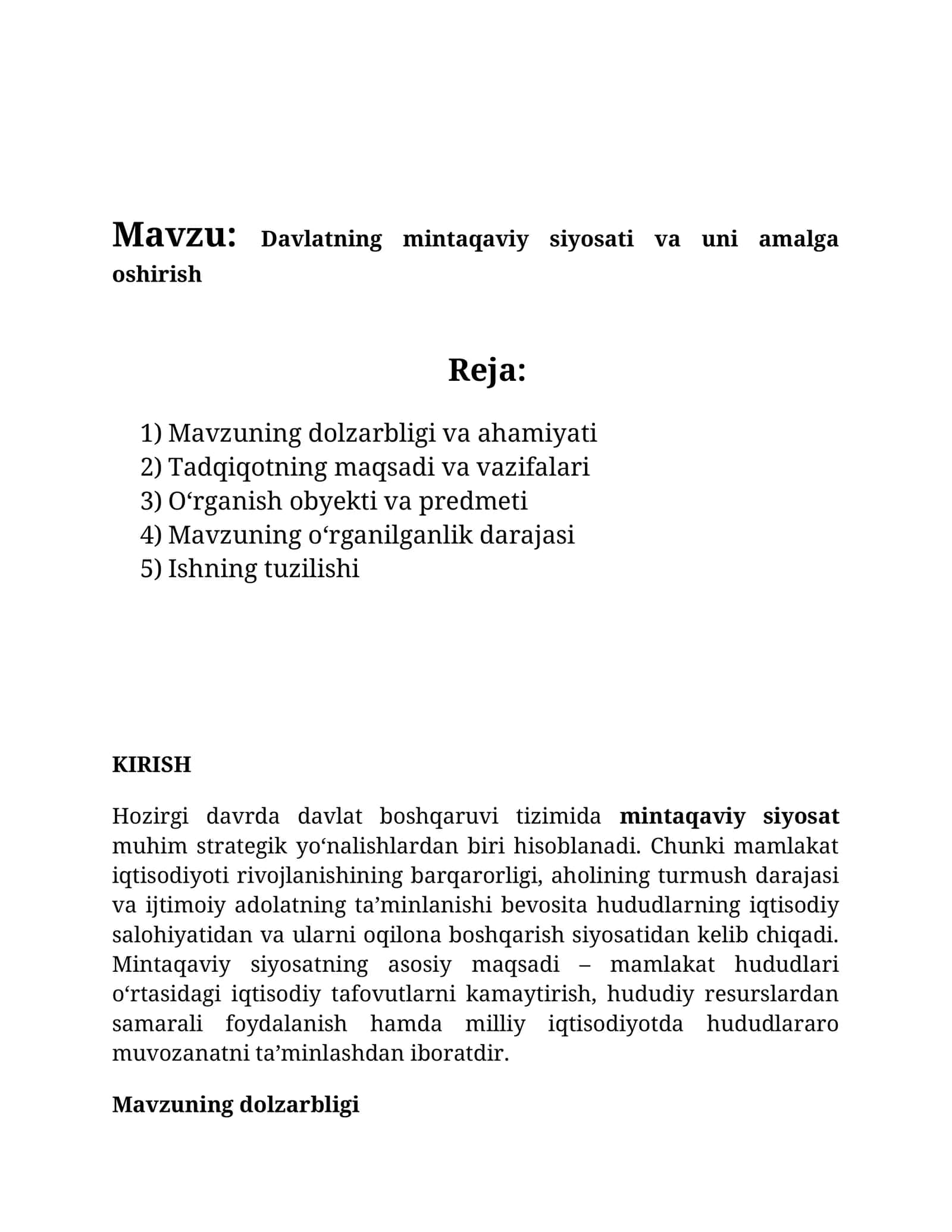 Davlatning mintaqaviy siyosati va uni amalga oshirish 1
