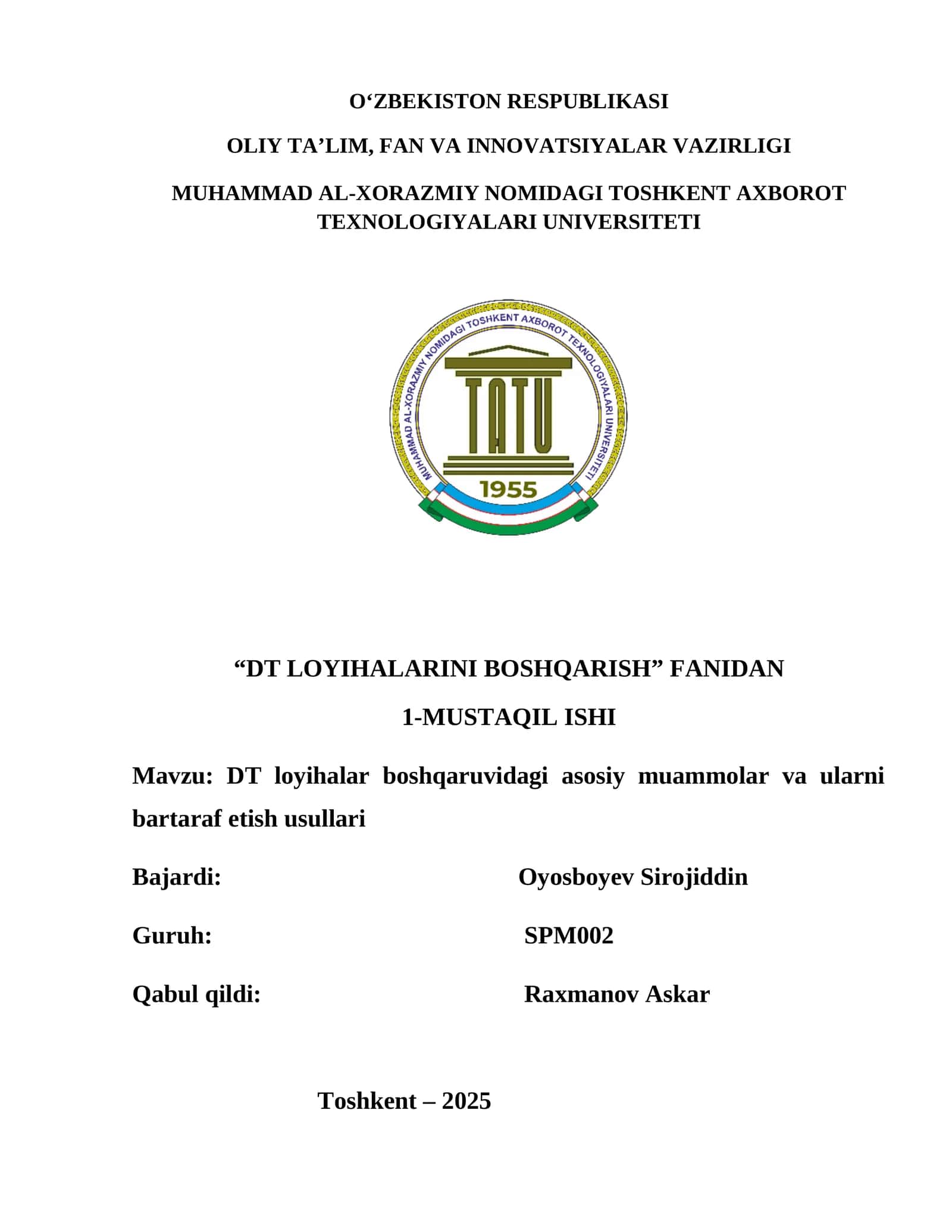 DT loyihalarini boshqarish 1