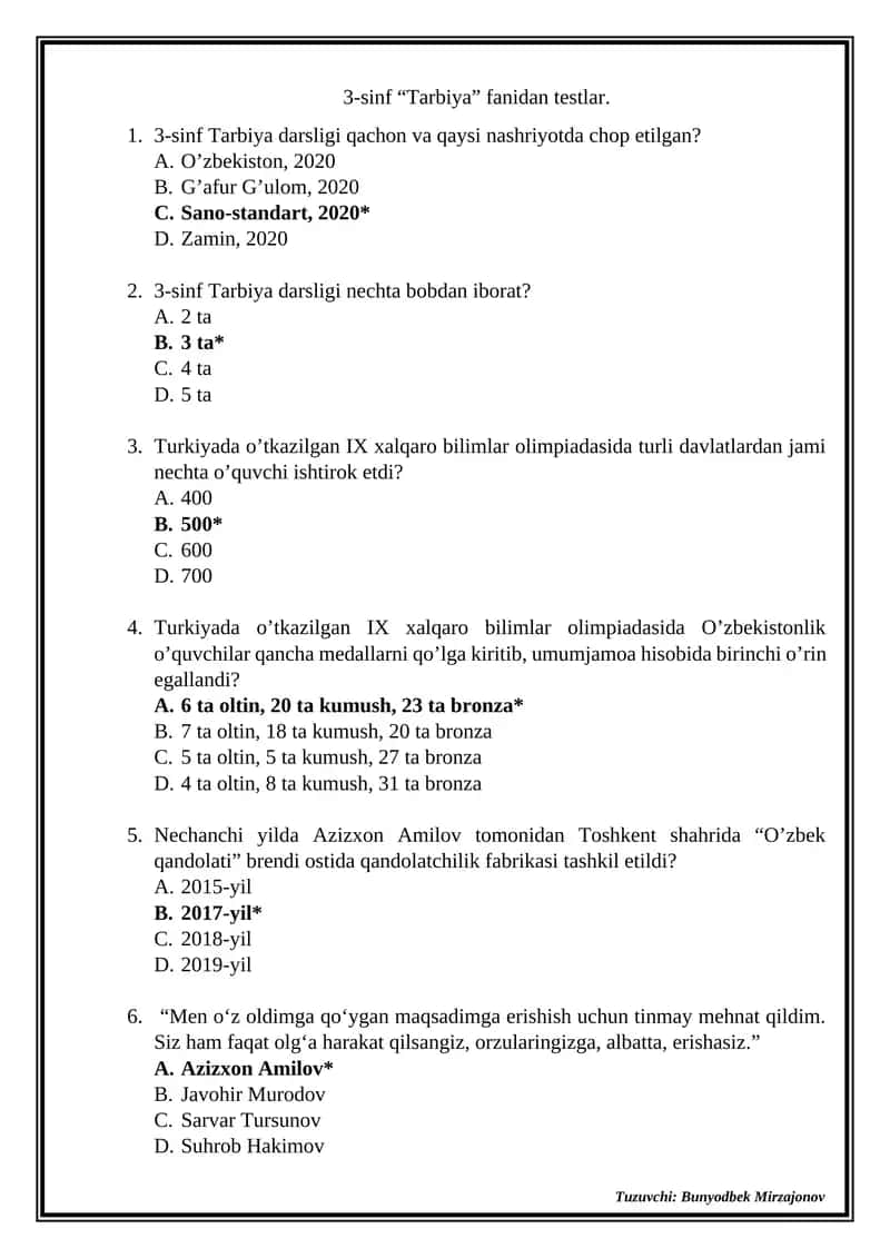 3-sinf “Tarbiya” fanidan testlar 1