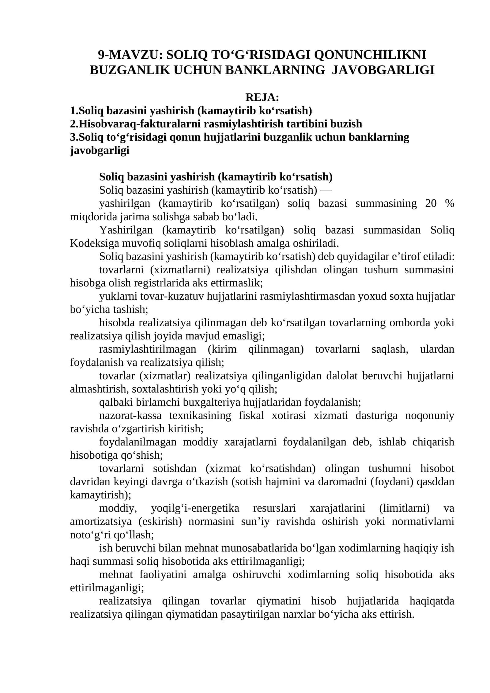 SOLIQ TO‘G‘RISIDAGI QONUNCHILIKNI BUZGANLIK UCHUN BANKLARNING JAVOBGARLIGI 1