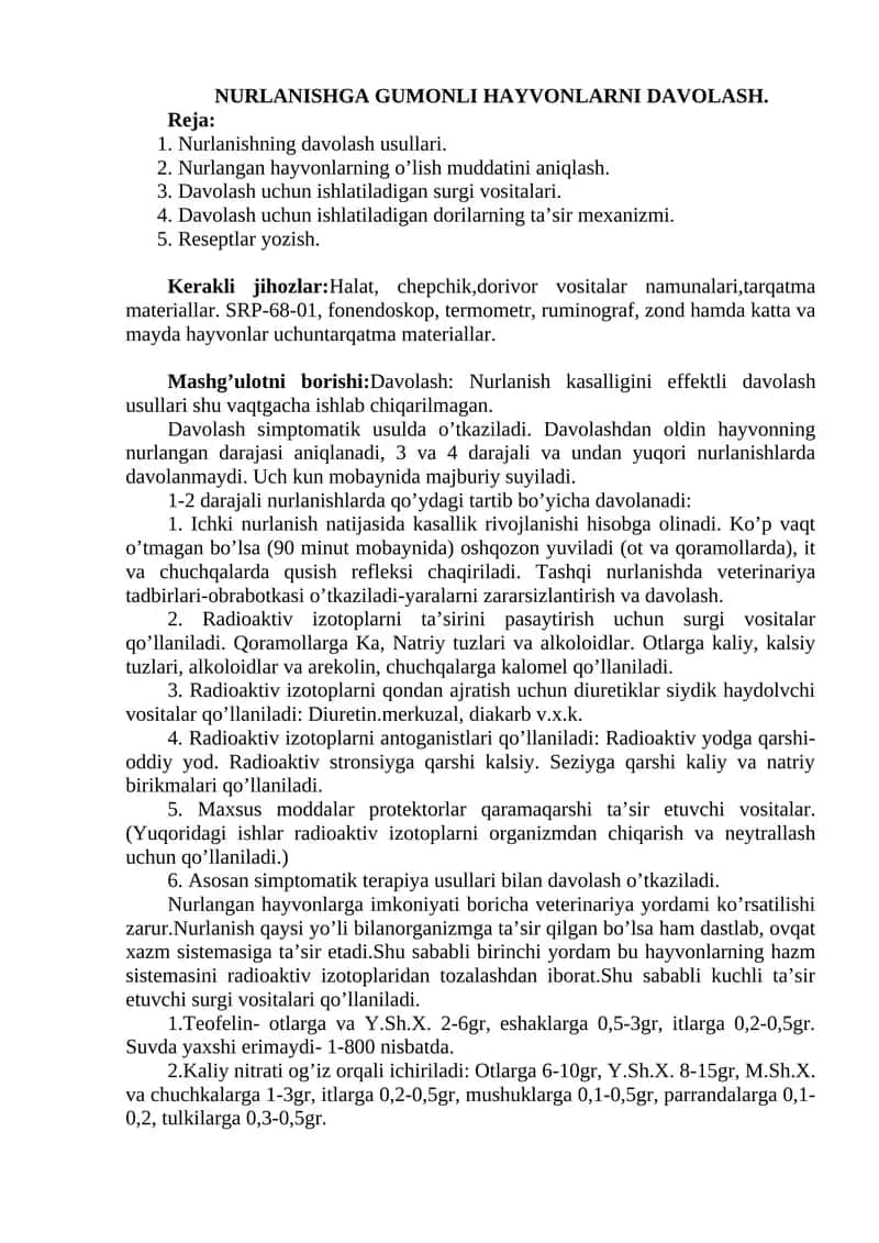 NURLANISHGA GUMONLI HAYVONLARNI DAVOLASH 1
