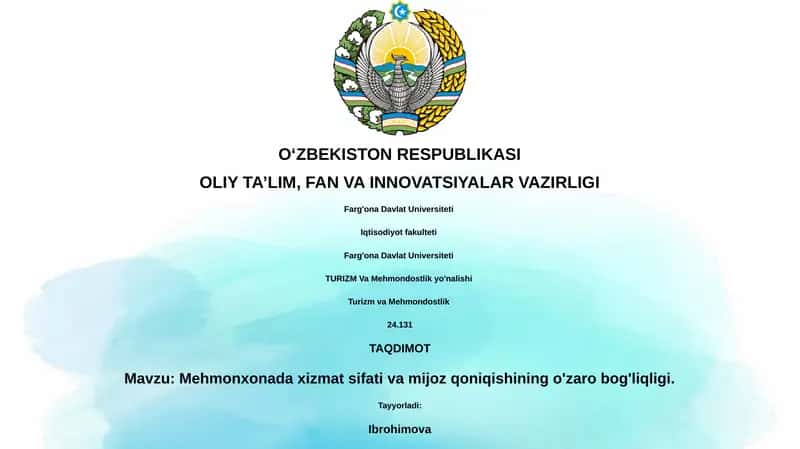 Mehmonxonada xizmat sifati va mijoz qoniqishining o'zaro bog'liqligi 1