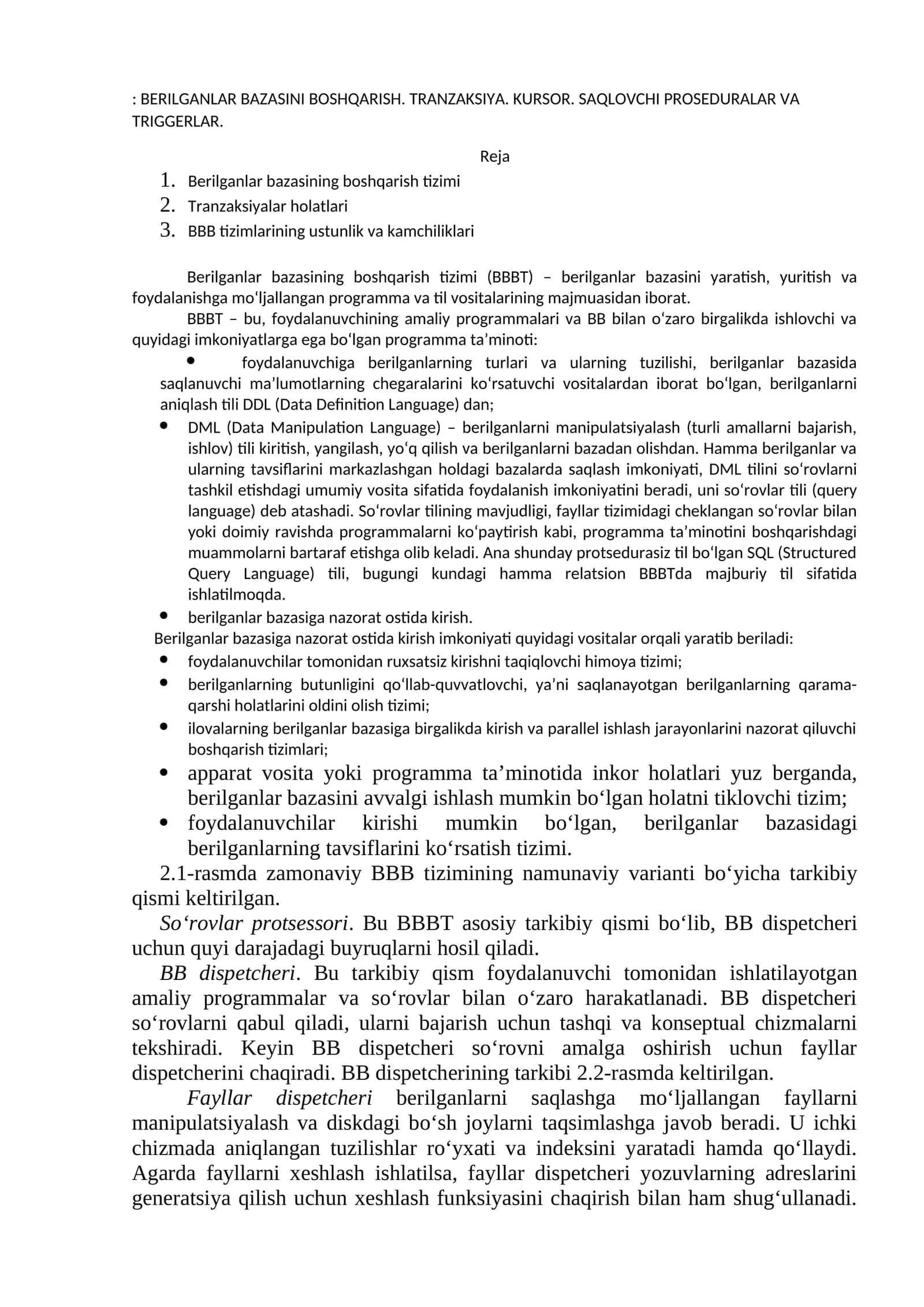 Berilganlar bazasini boshqarish 1