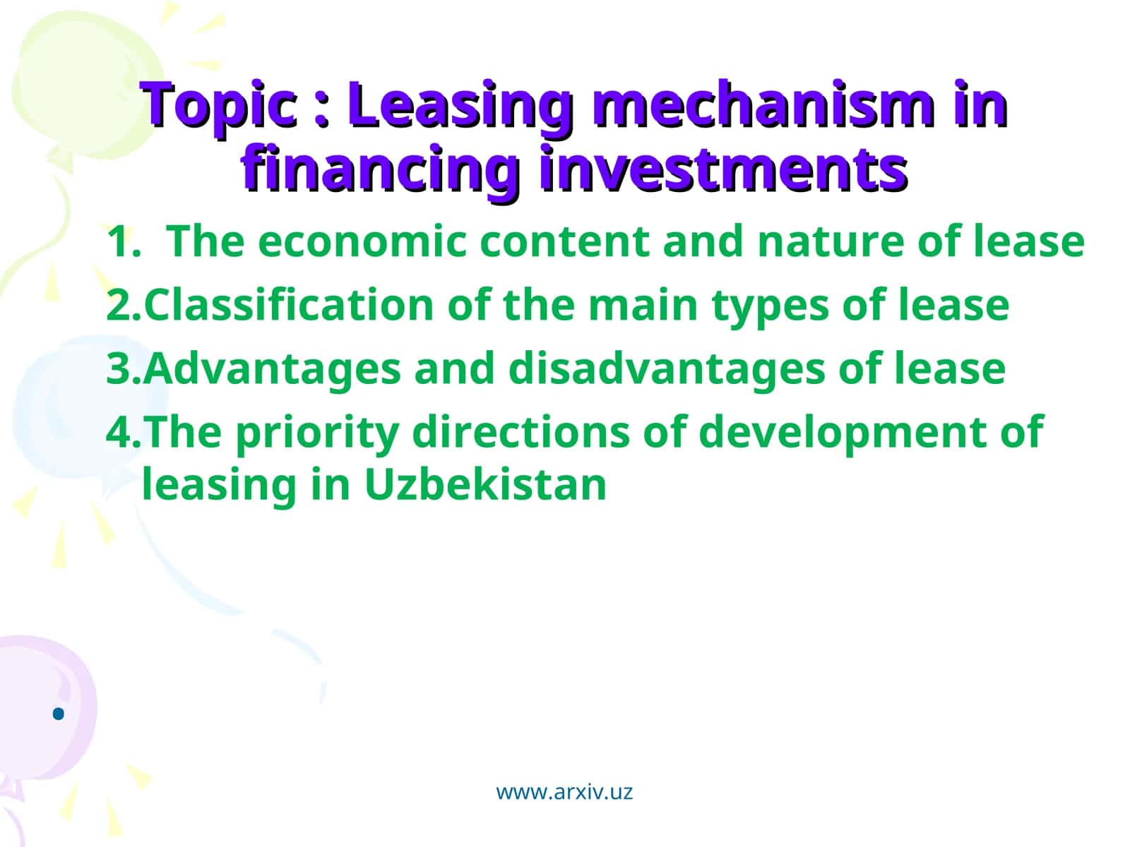 Leasing mechanism in financing investments 1