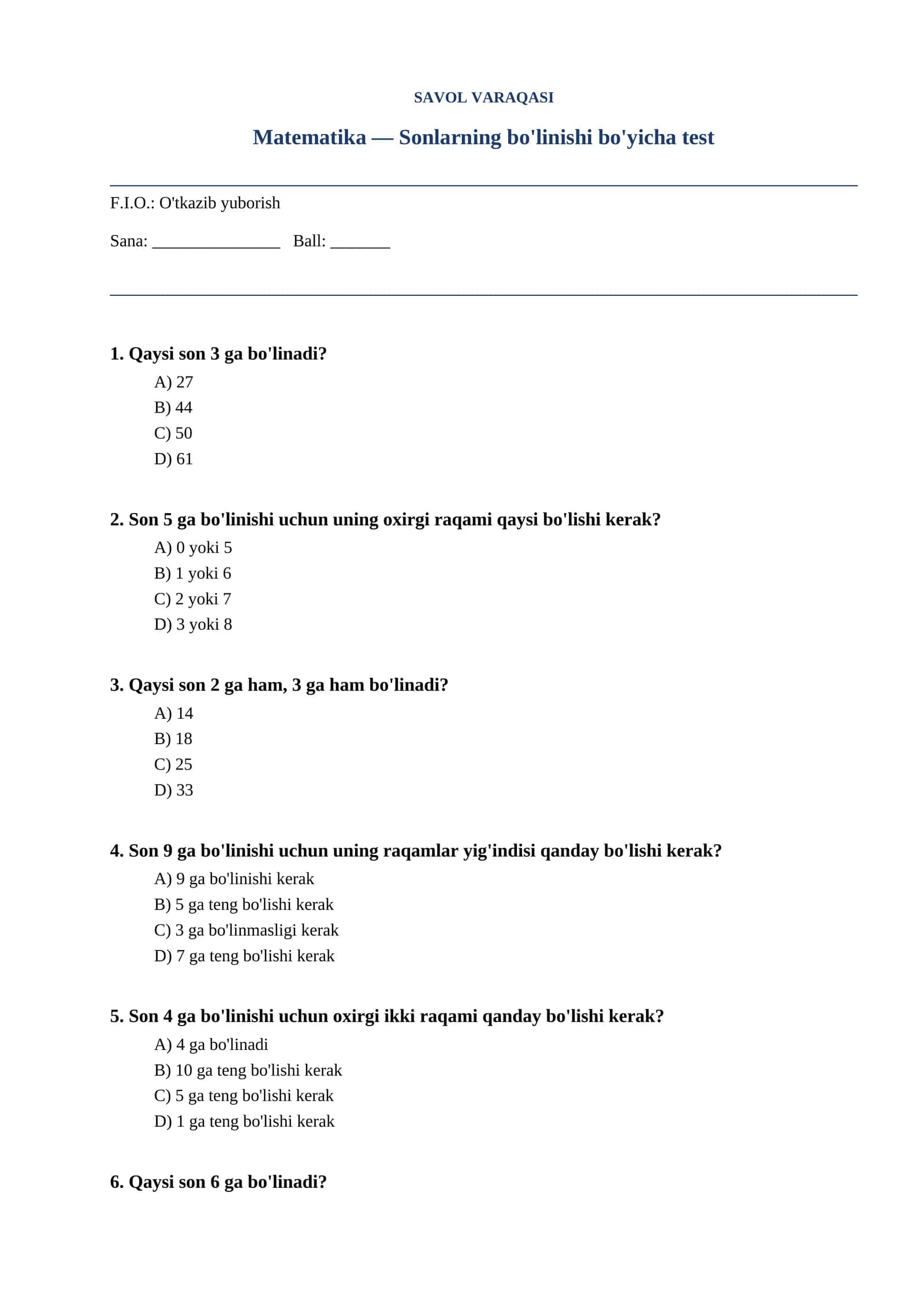 Matematika — Sonlarning bo'linishi bo'yicha test 1