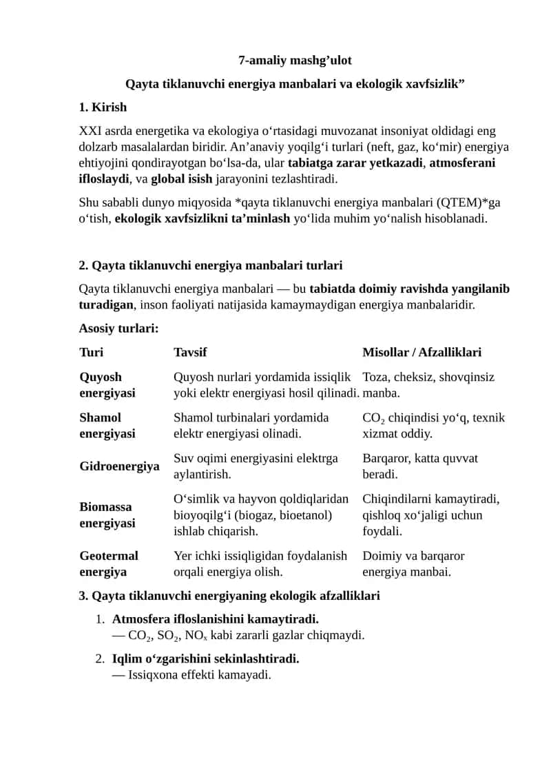 Qayta tiklanuvchi energiya manbalari va ekologik xavfsizlik 1