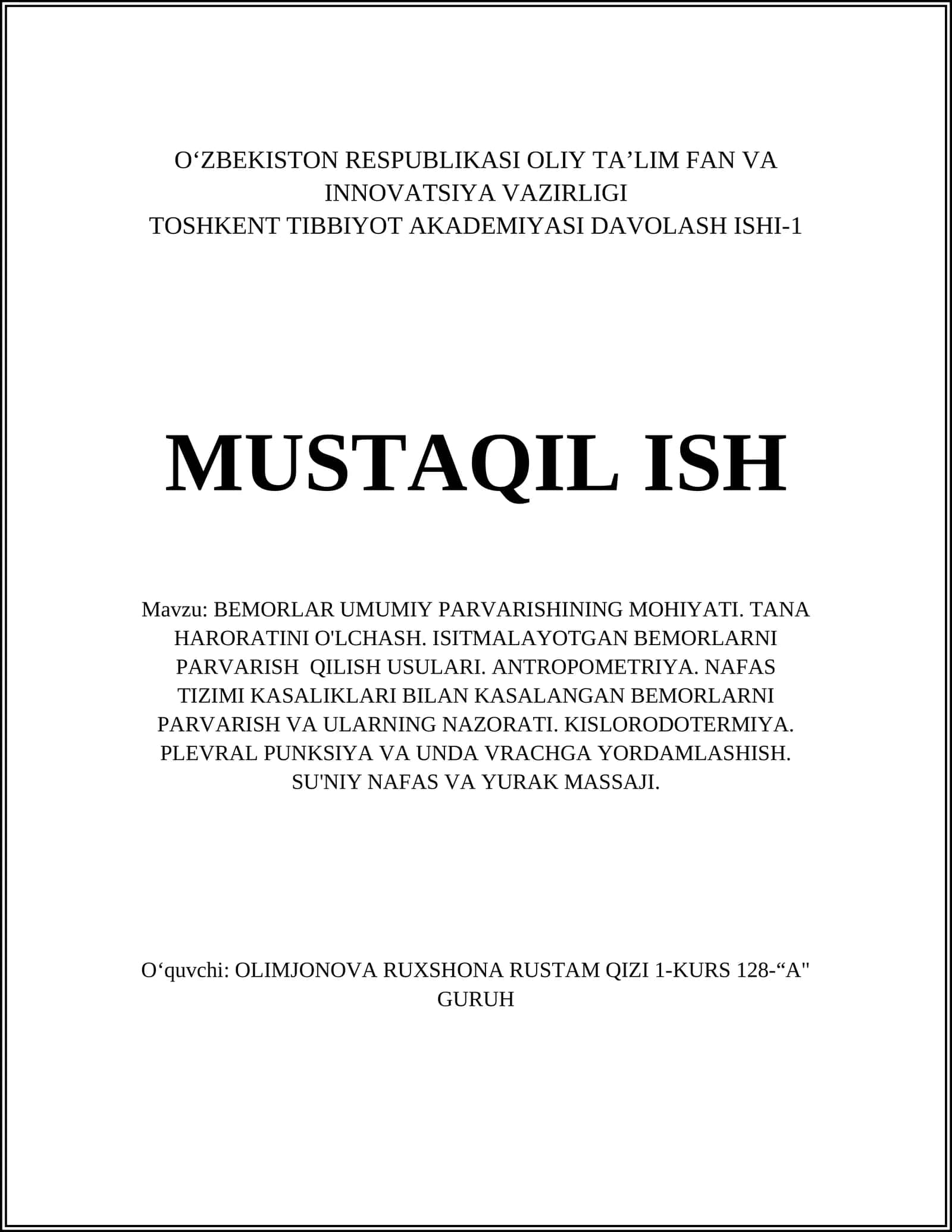 BEMORLAR UMUMIY PARVARISHINING MOHIYATI 1