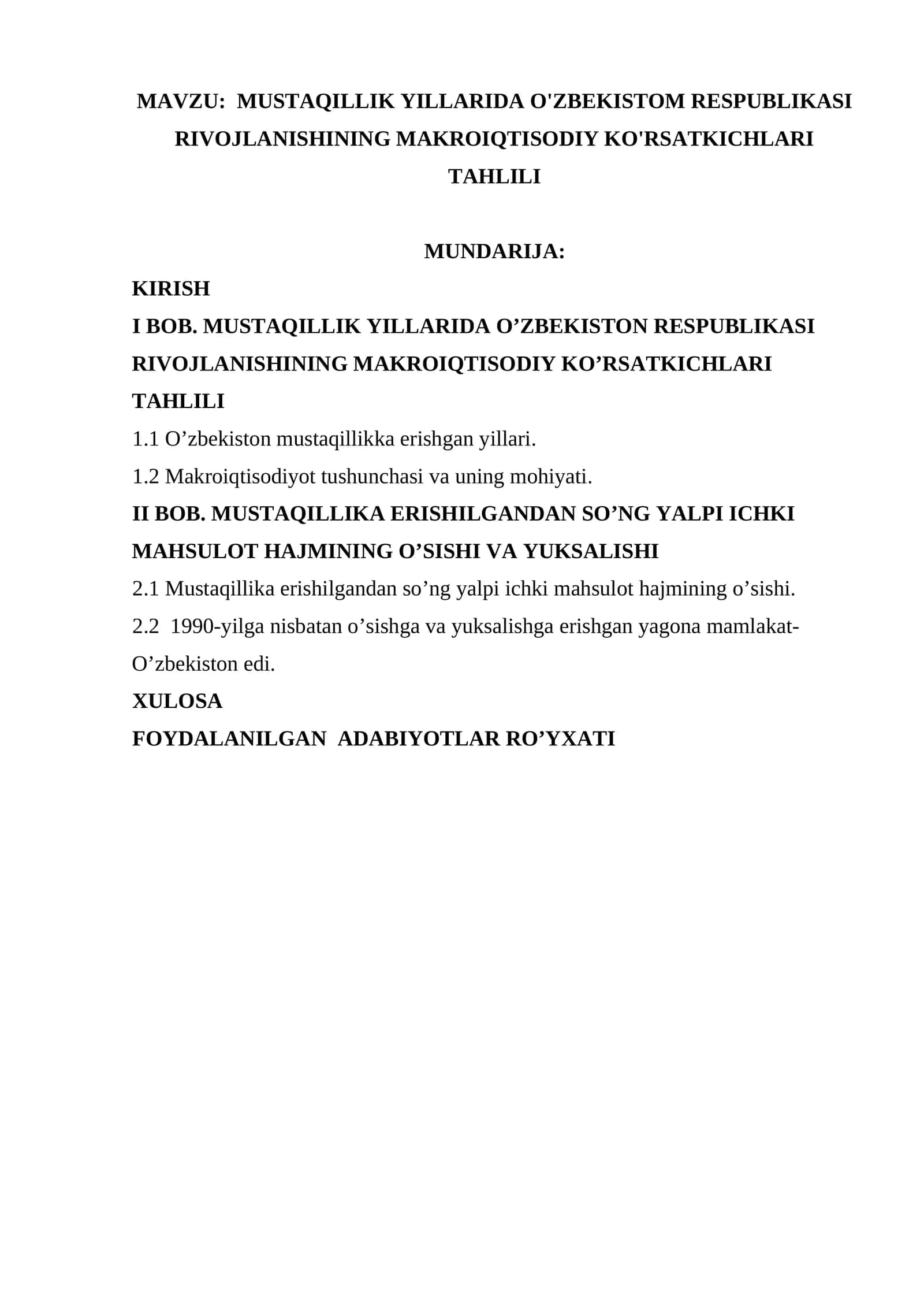 Mustaqillik yillarida O'zbekistom Respublikasi rivojlanishining makroiqtisodiy ko'rsatkichlari tahlili 1