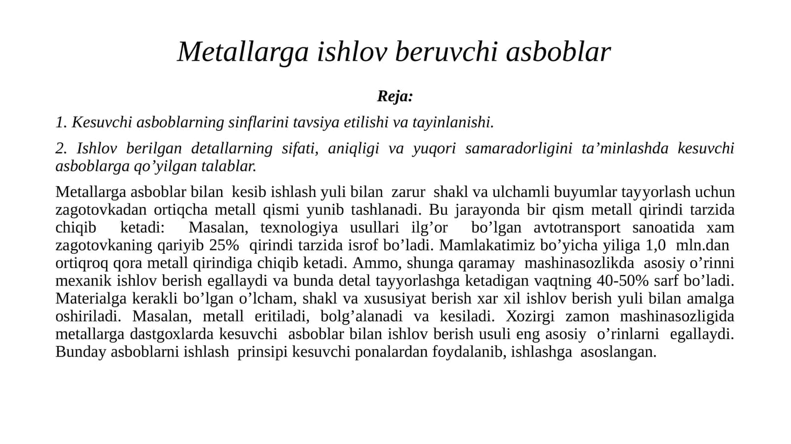 Kesuvchi asboblarning sinflarini tavsiya etilishi va tayinlanishi 1
