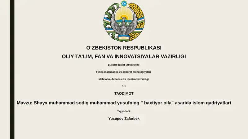 Shayx muhammad sodiq muhammad yusufning " baxtiyor oila" asarida islom qadriyatlari 1