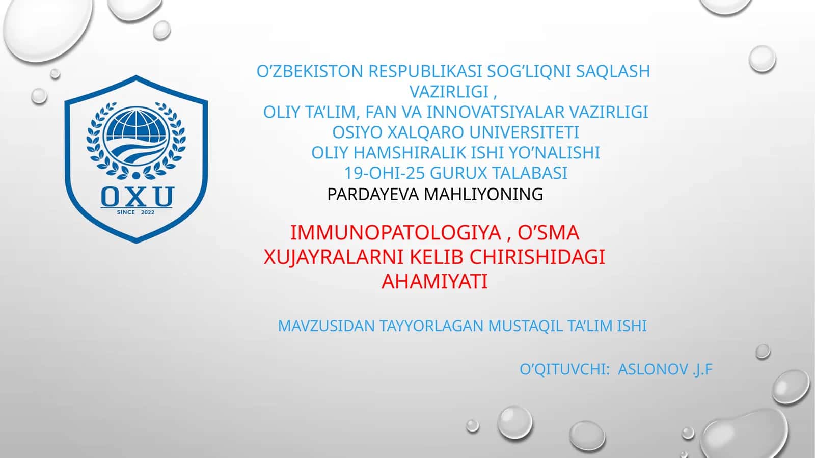IMMUNOPATOLOGIYA, O’SMA XUJAYRALARNI KELIB CHIRISHIDAGI AHAMIYATI 1