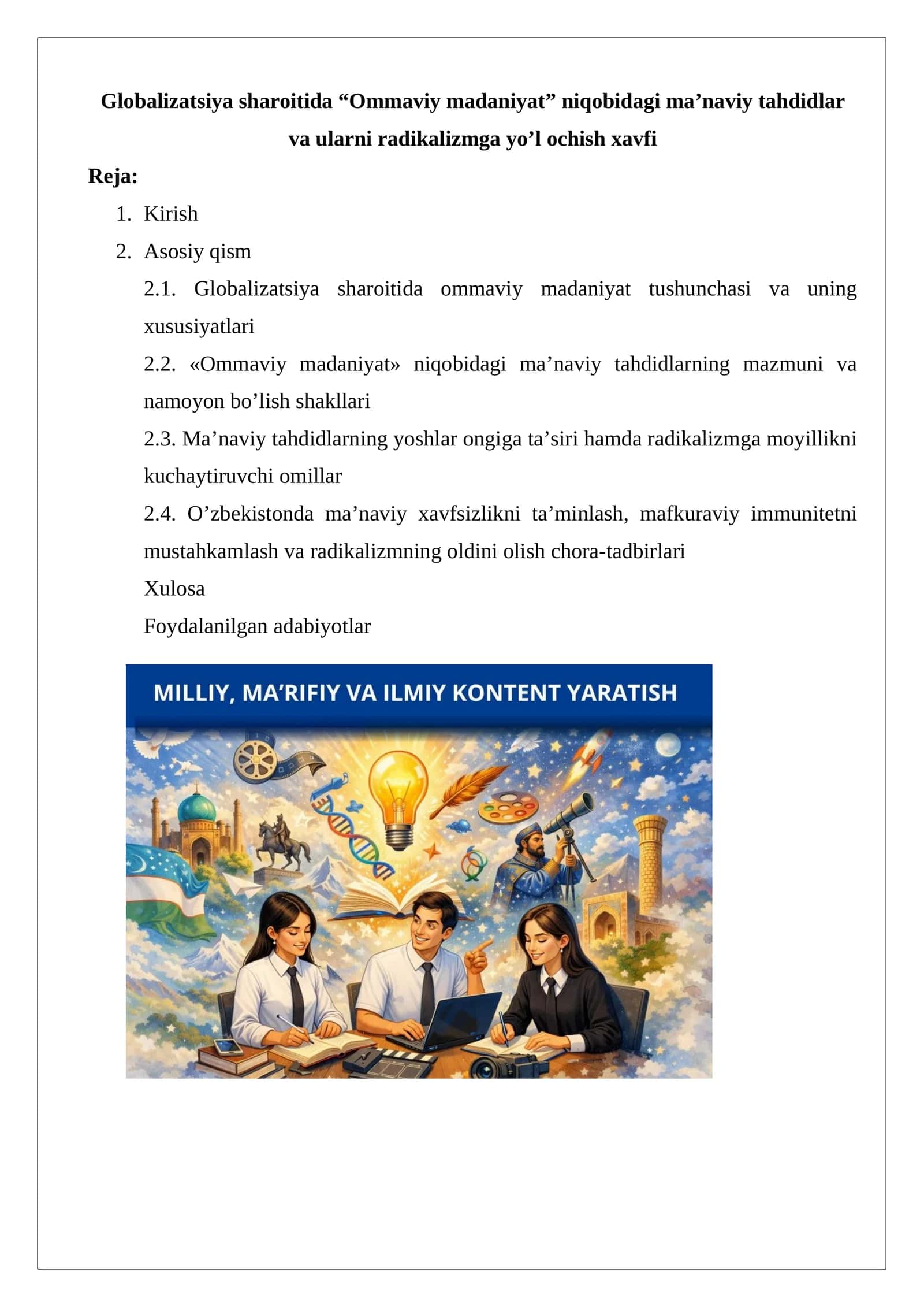 Globalizatsiya sharoitida ommaviy madaniyat niqobidagi ma'naviy tahdidlar va ularni 1