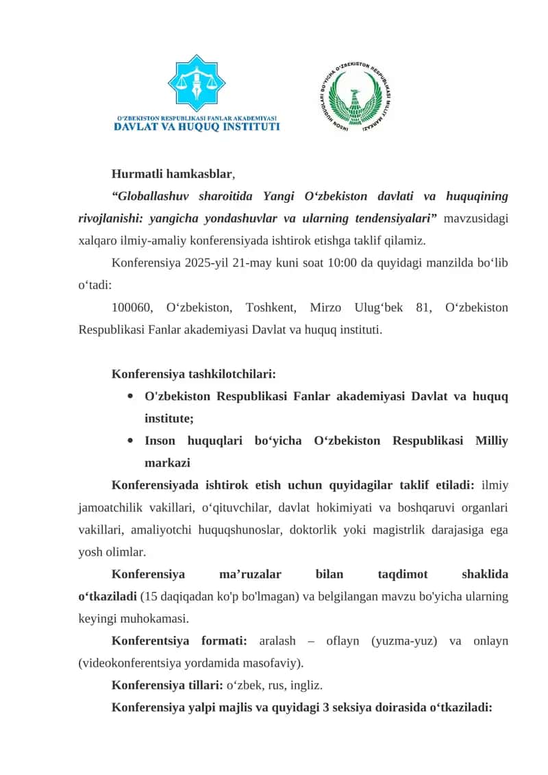 "Globallashuv sharoitida Yangi O‘zbekiston davlati va huquqining rivojlanishi: yangicha yondashuvlar va ularning tendensiyalari" Konferensiya 1