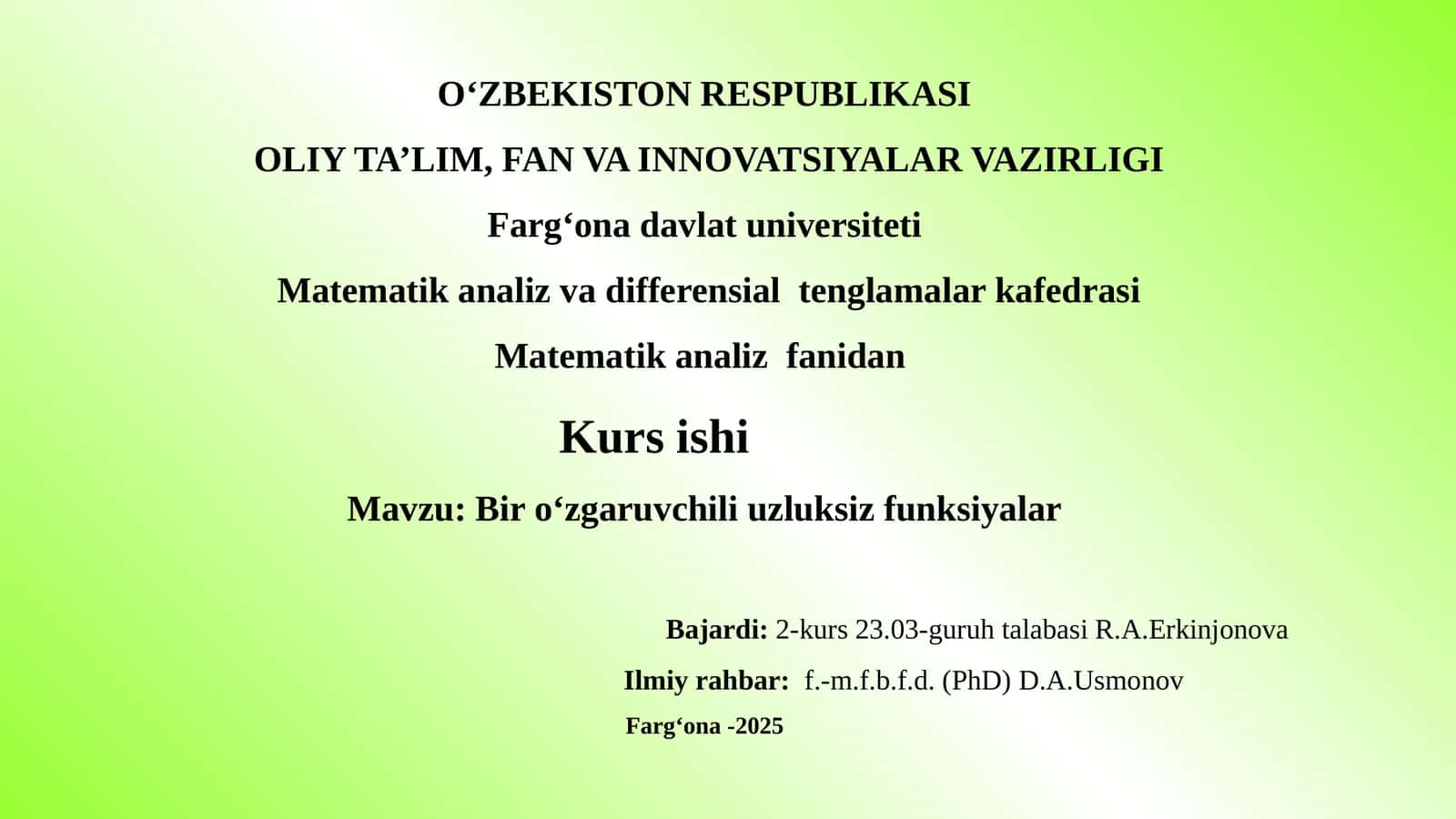 Bir o‘zgaruvchili uzluksiz funksiyalar kurs ishi taqdimoti 1