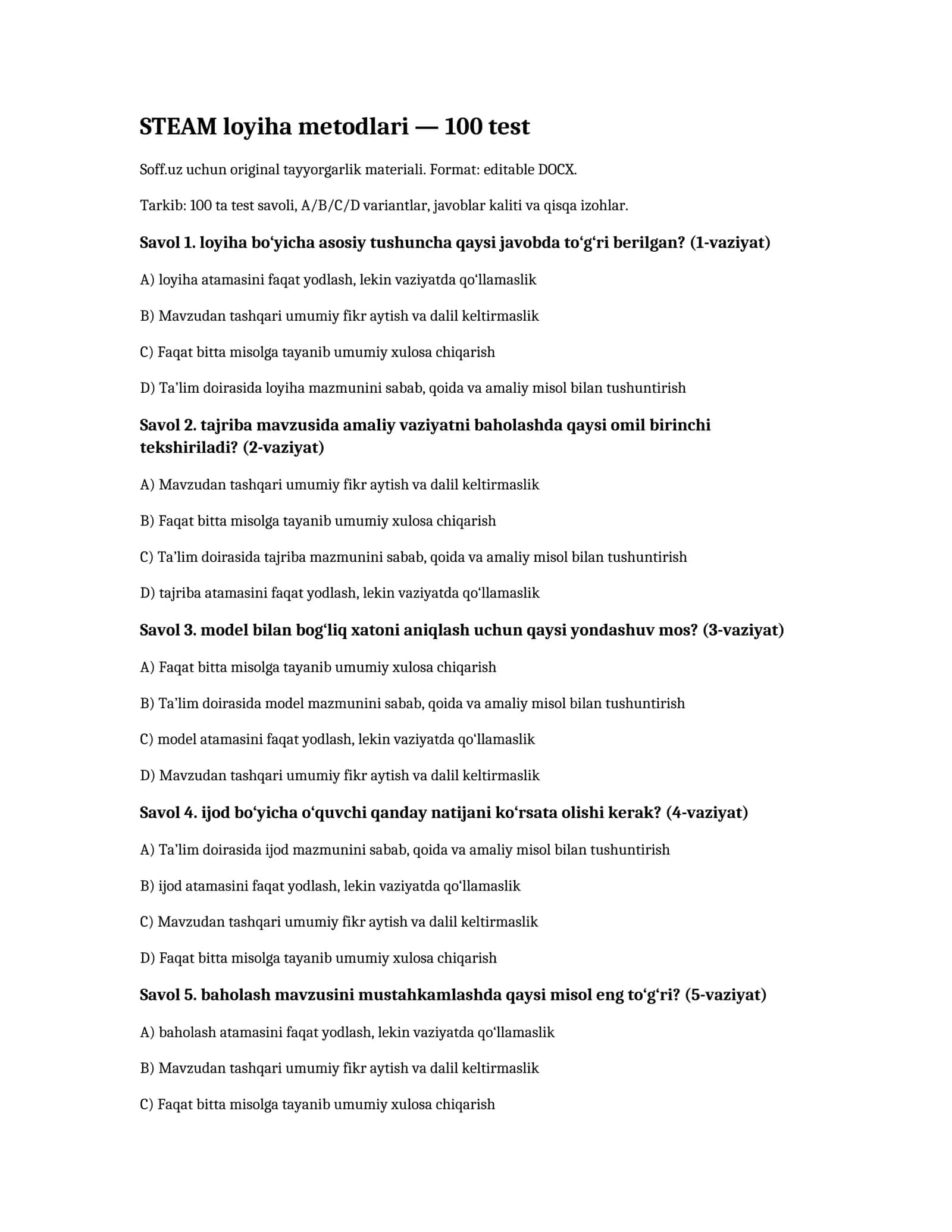 STEAM loyiha metodlari — 100 test 1