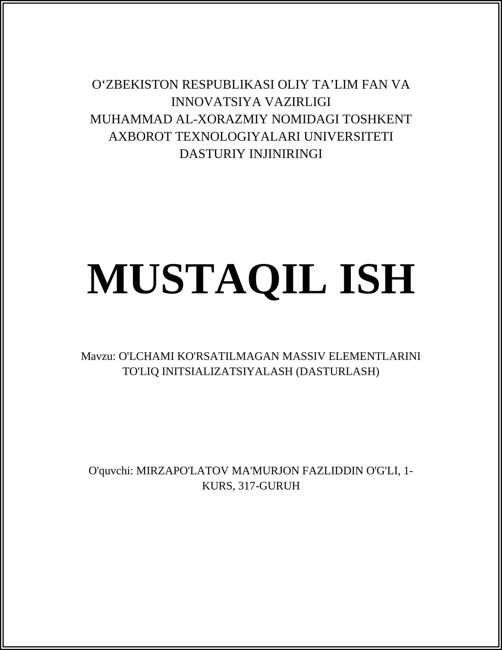 O'LCHAMI KO'RSATILMAGAN MASSIV ELEMENTLARINI TO'LIQ INITSIALIZATSIYALASH (DASTURLASH) 1