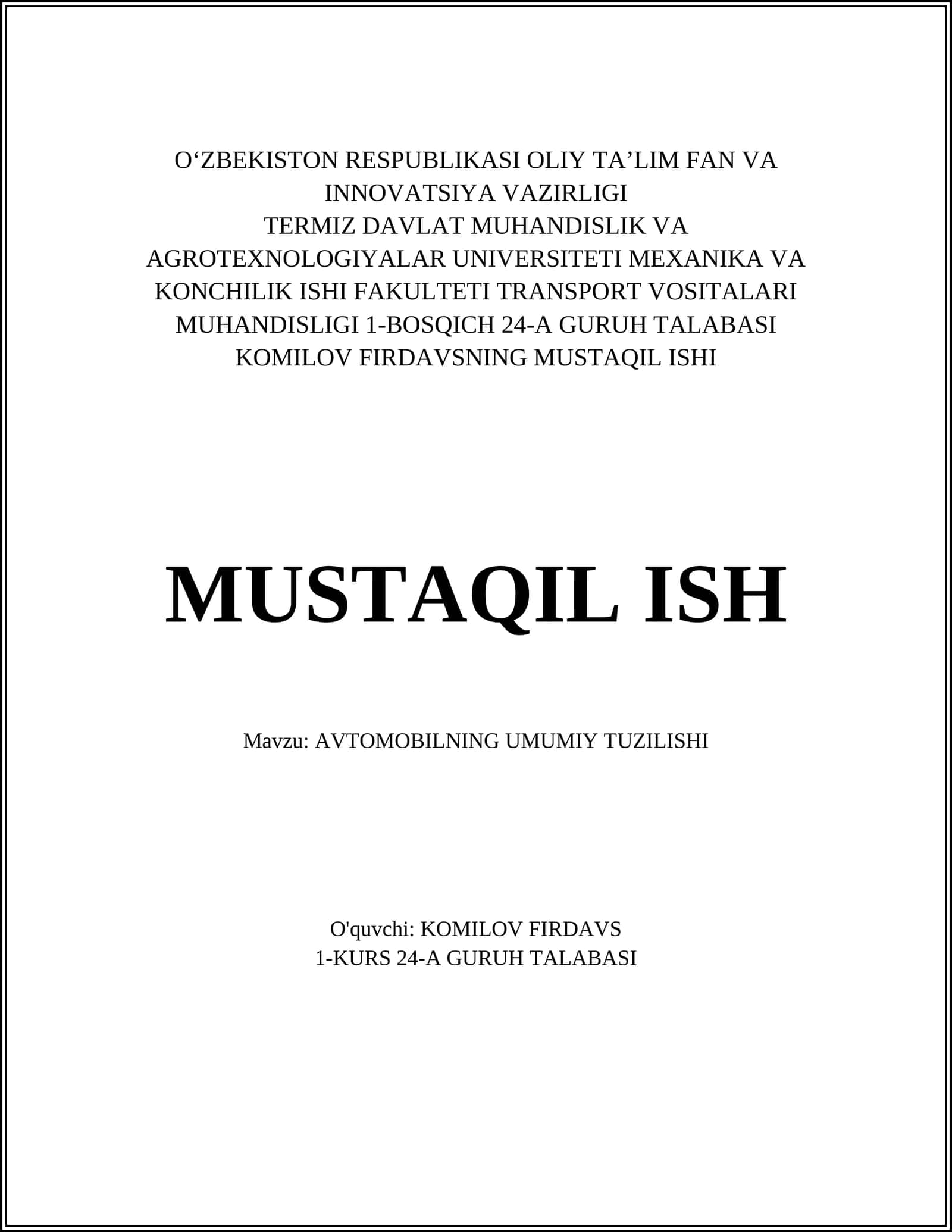 AVTOMOBILNING UMUMIY TUZILISHI 1