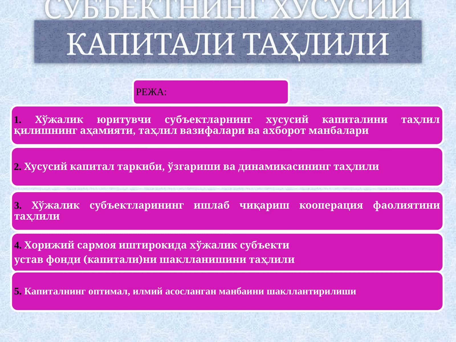 ХЎжалик юритувчи субъектнинг хусусий капитали таҳлили 1