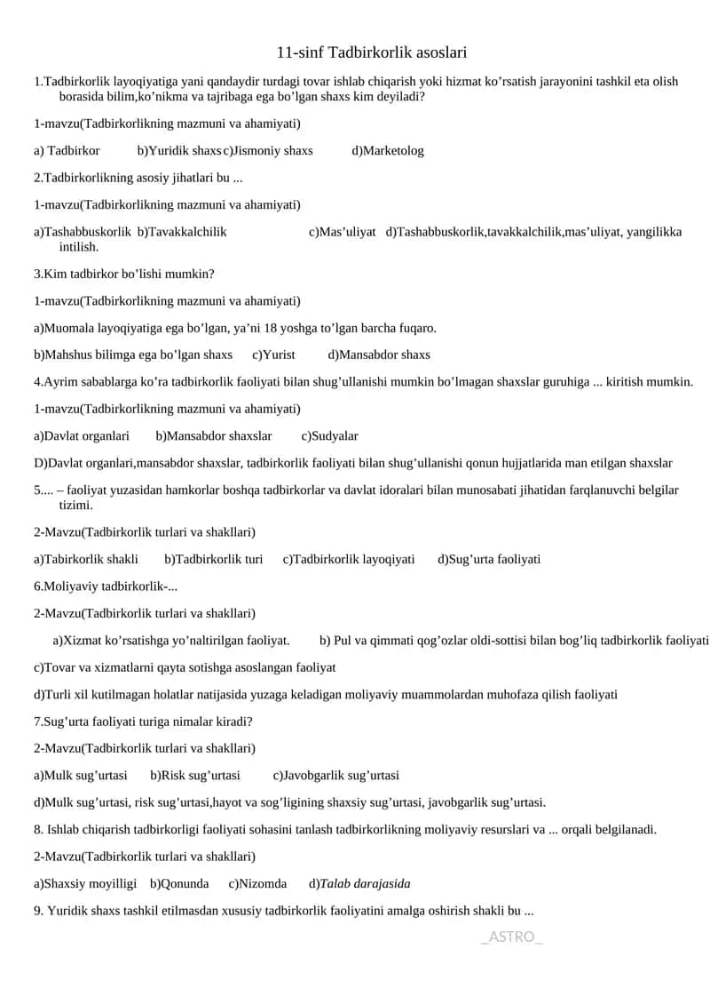 11-sinf Tadbirkorlik asoslari 1