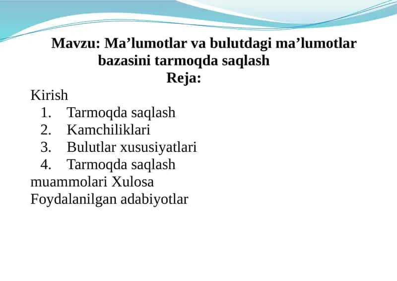Ma’lumotlar va bulutdagi ma’lumotlar bazasini tarmoqda saqlash 1