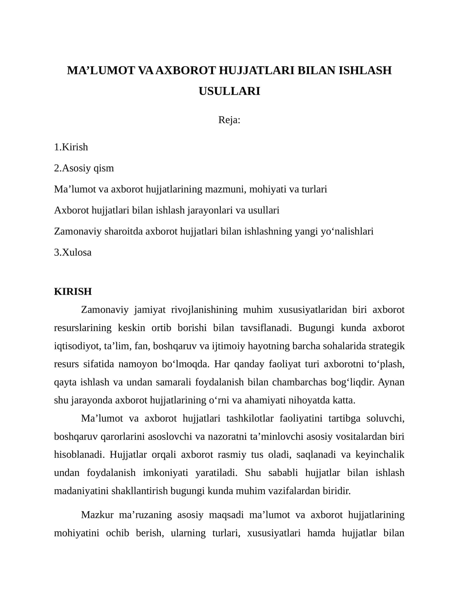 MA’LUMOT VA AXBOROT HUJJATLARI BILAN ISHLASH USULLARI 1