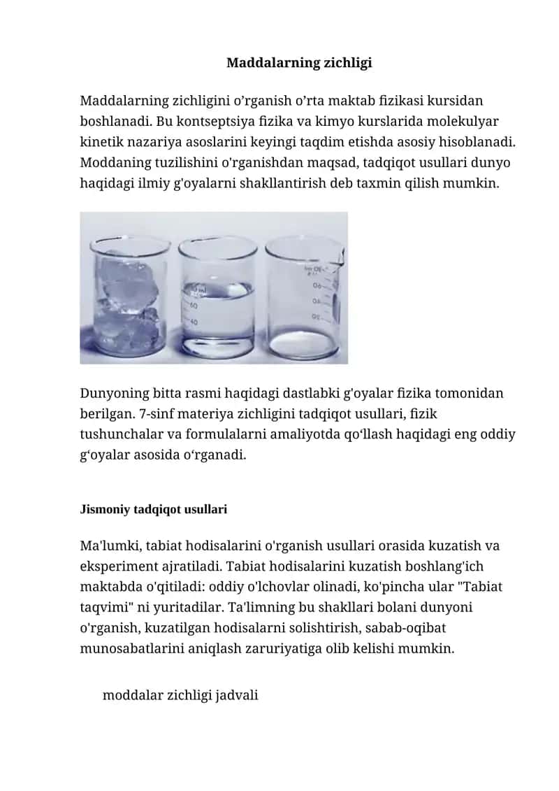 Maddalarning zichligi 1