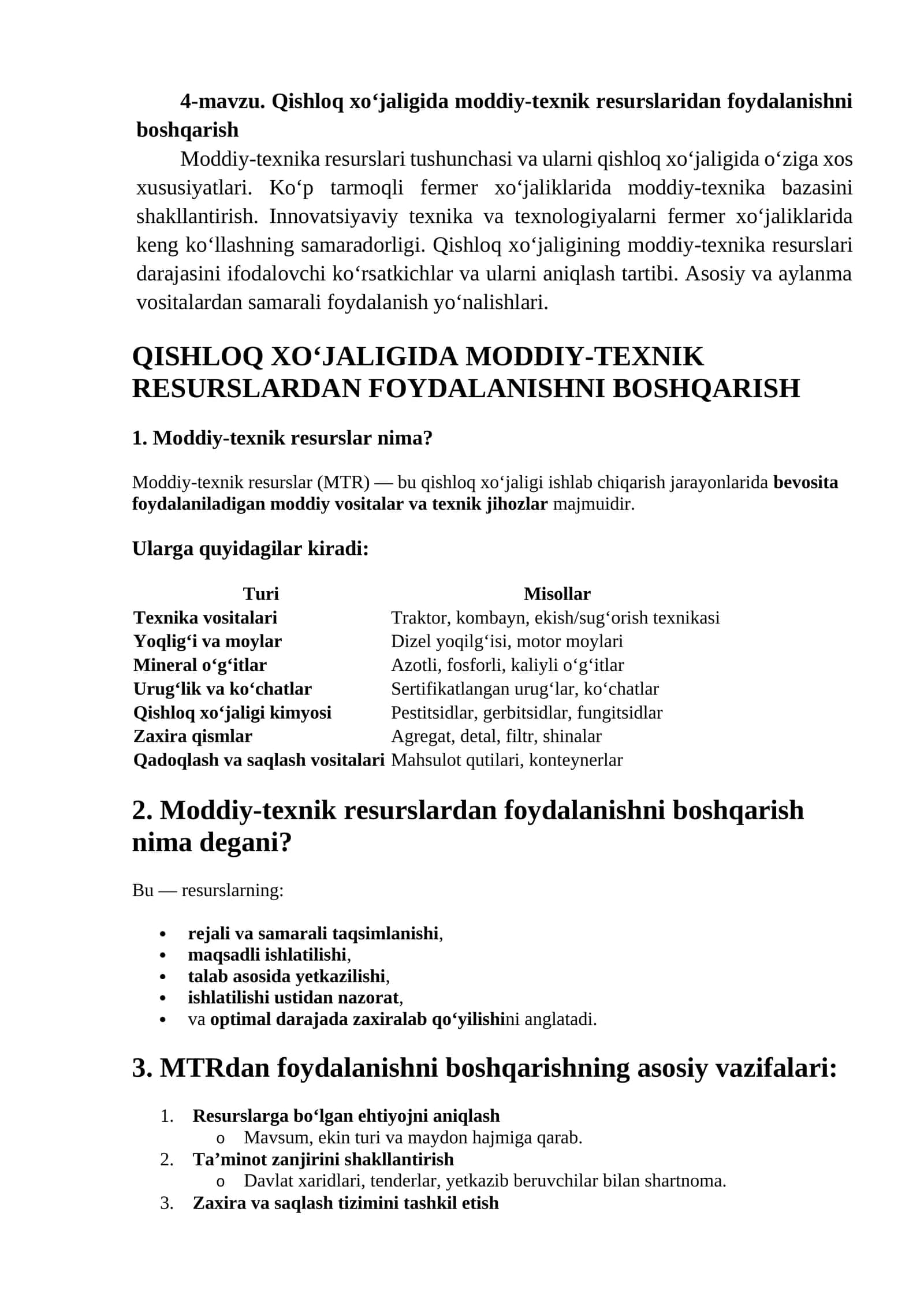 Qishloq xo‘jaligida moddiy-texnik resurslaridan foydalanishni boshqarish 1