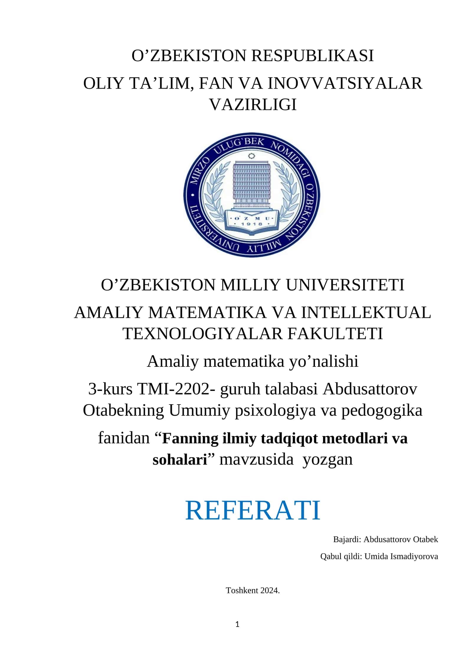 Fanning ilmiy tadqiqot metodlari va sohalari 1