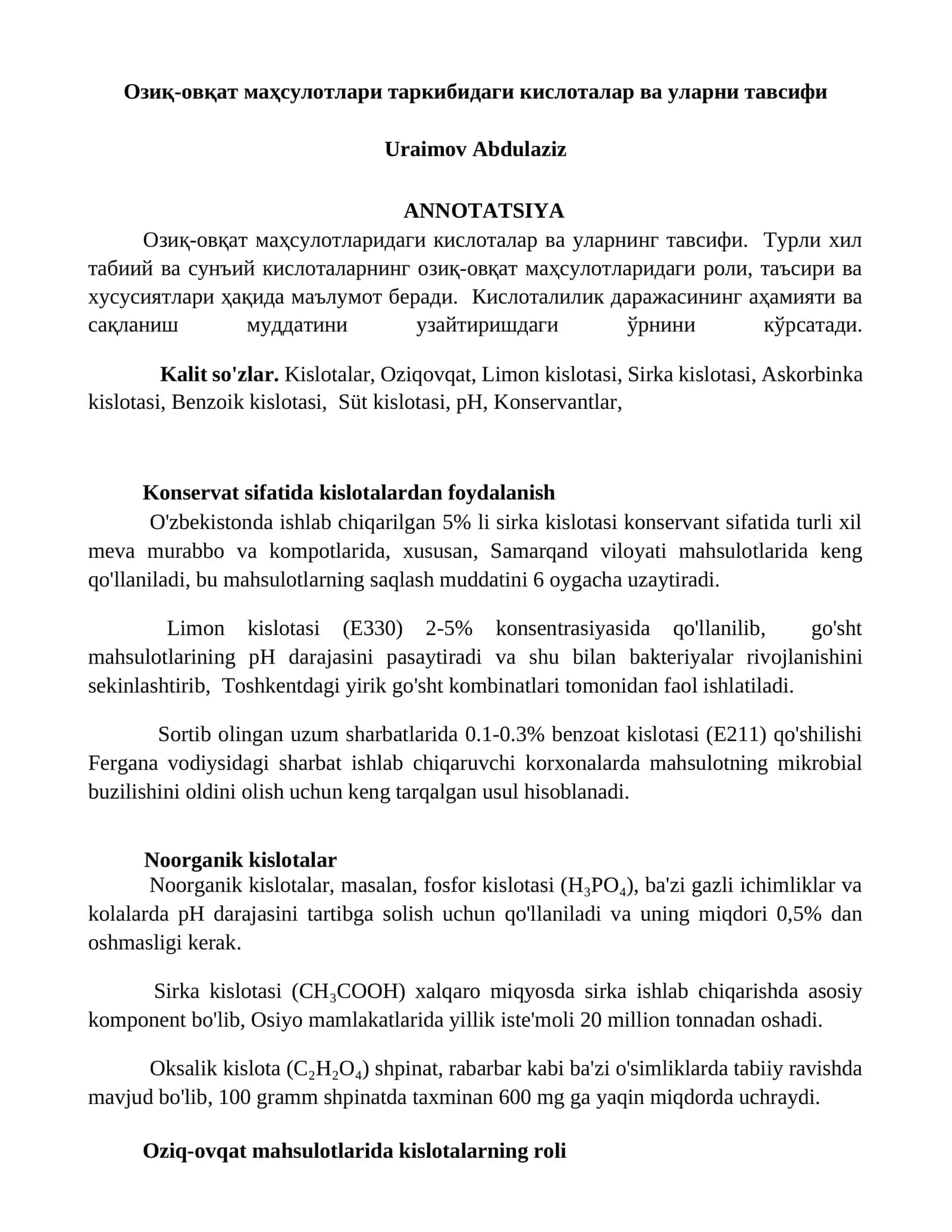 Озиқ-овқат маҳсулотларидаги кислоталар ва уларнинг тавсифи 1