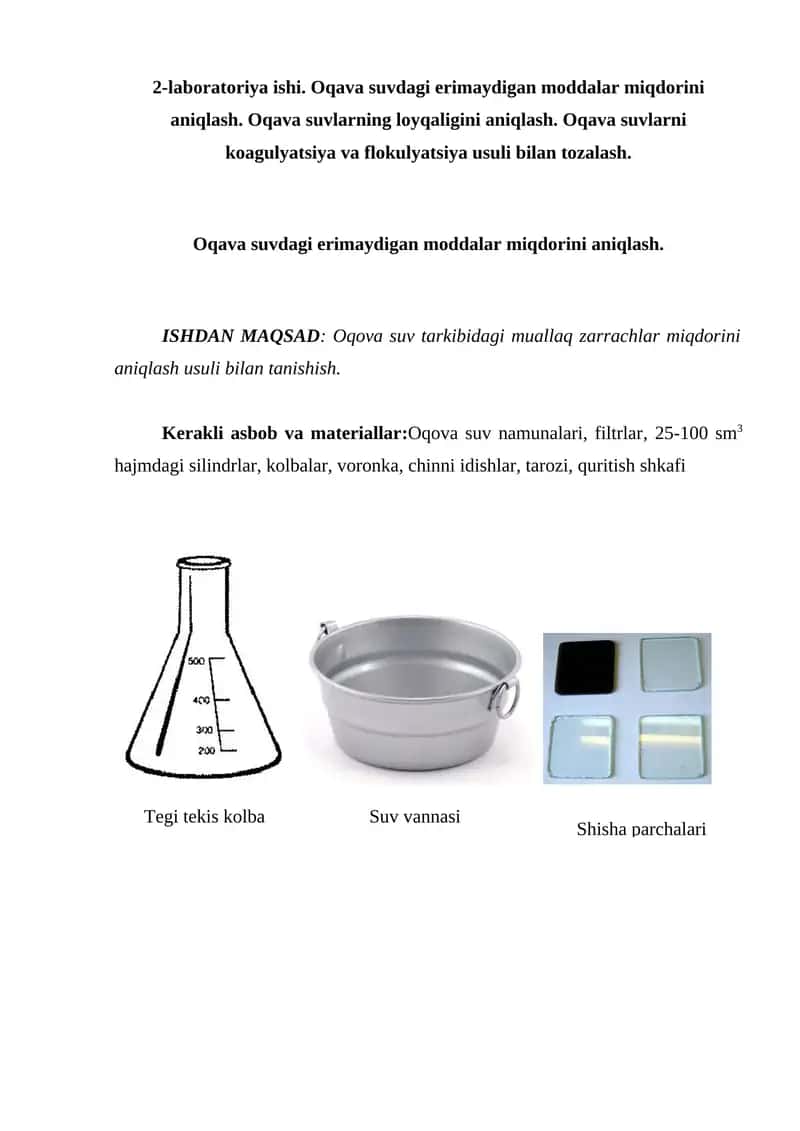 Oqava suvdagi erimaydigan moddalar miqdorini aniqlash laboratoriyasi 1