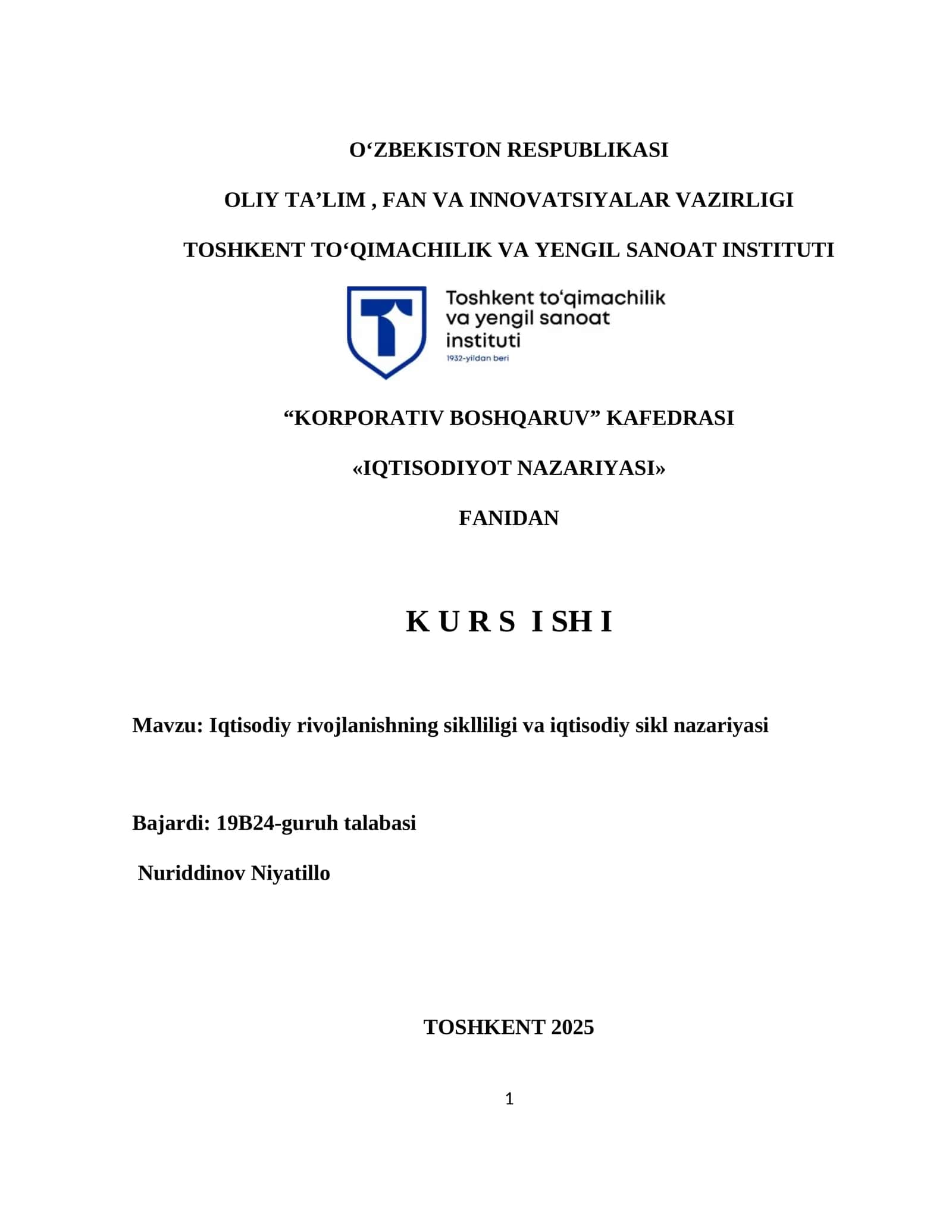 IQTISODIYOT NAZARIYASI FANIDAN K U R S I SH I 1