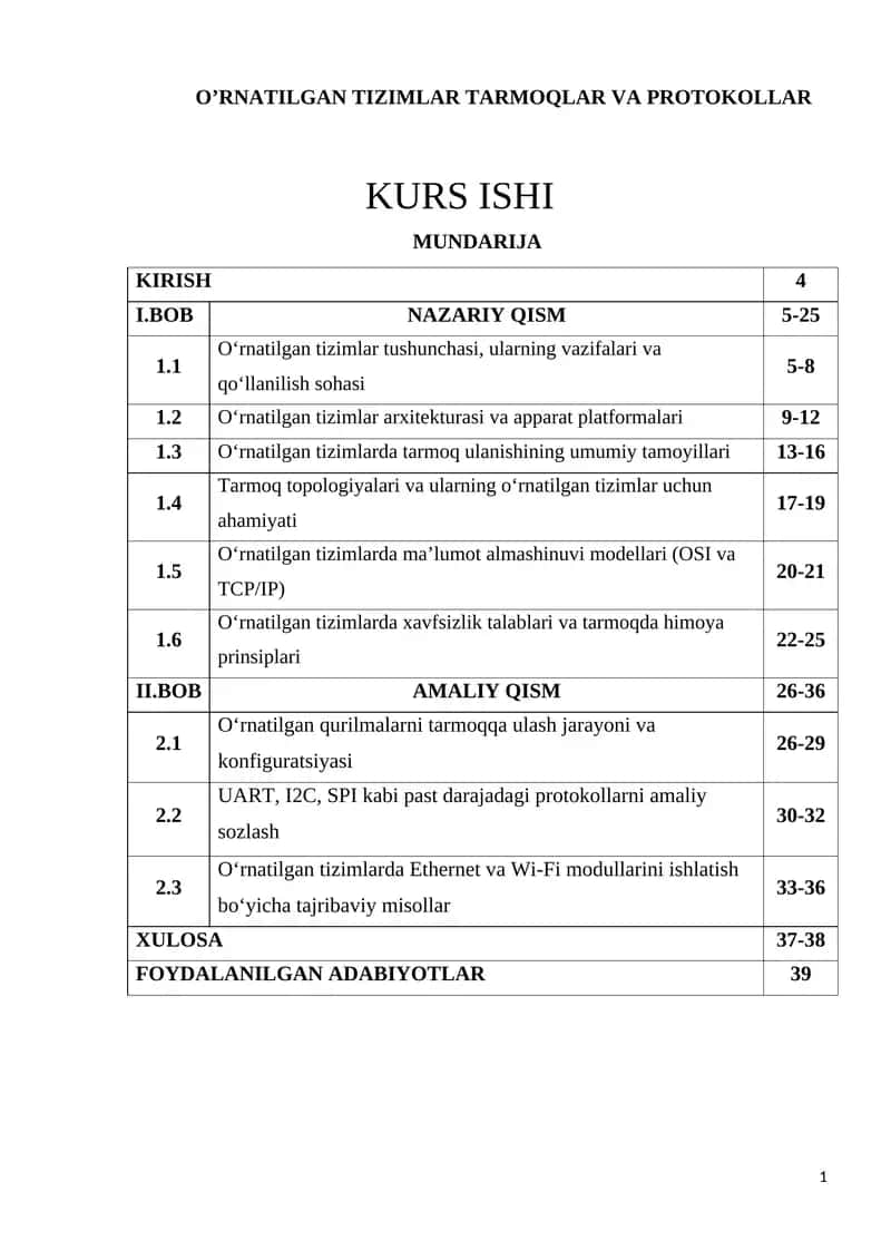 O’RNATILGAN TIZIMLAR TARMOQLAR VA PROTOKOLLAR 1