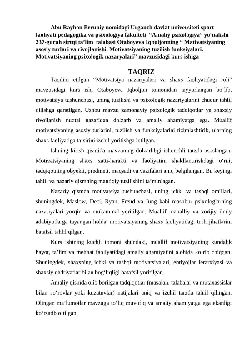 Motivatsiya nazariyalari va shaxs faoliyatidagi roli 1