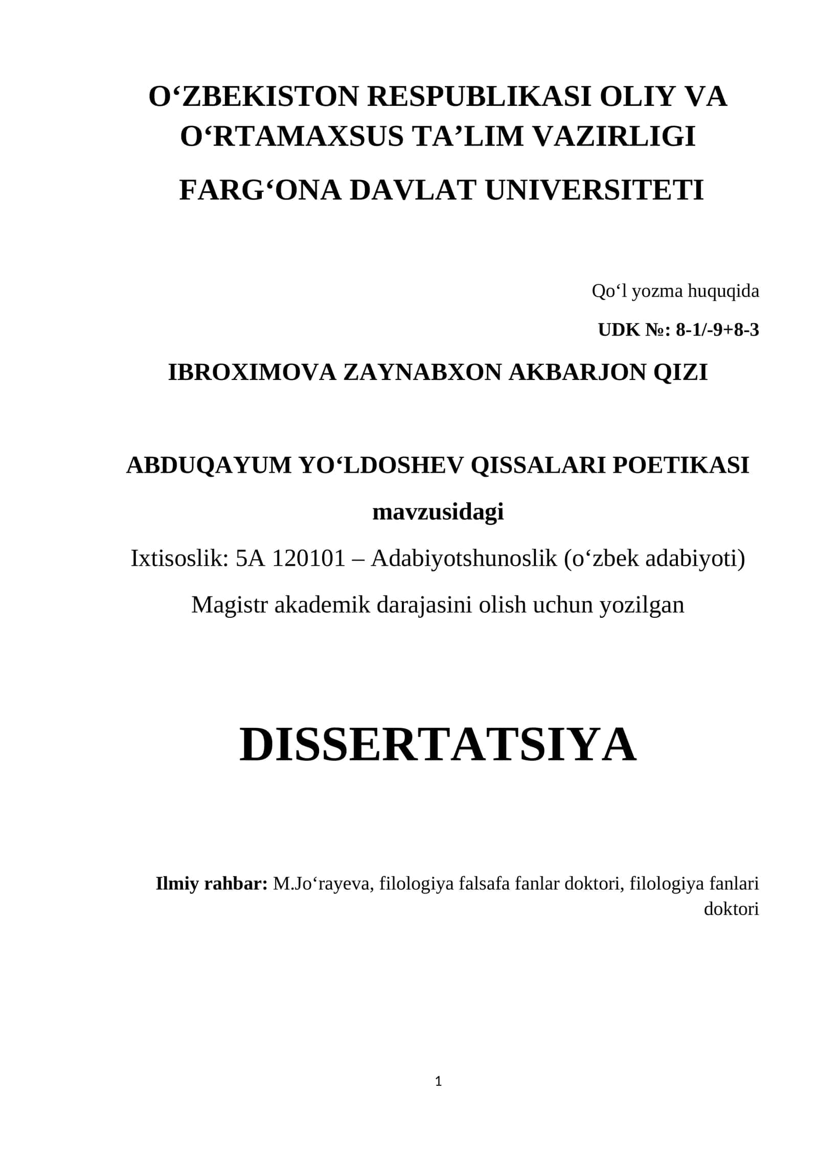 ABDUQAYUM YO‘LDOSHEV QISSALARI POETIKASI 1