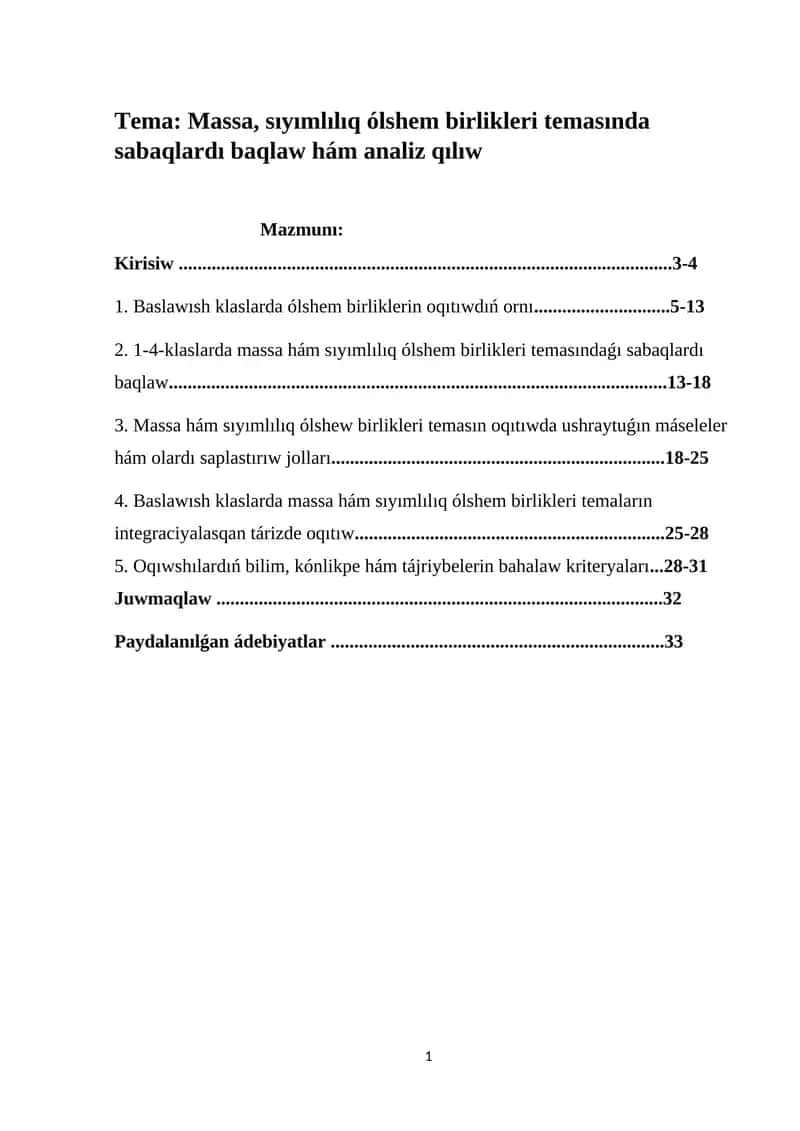 Massa hám sıyımlılıq ólshem birlikleri teması 1