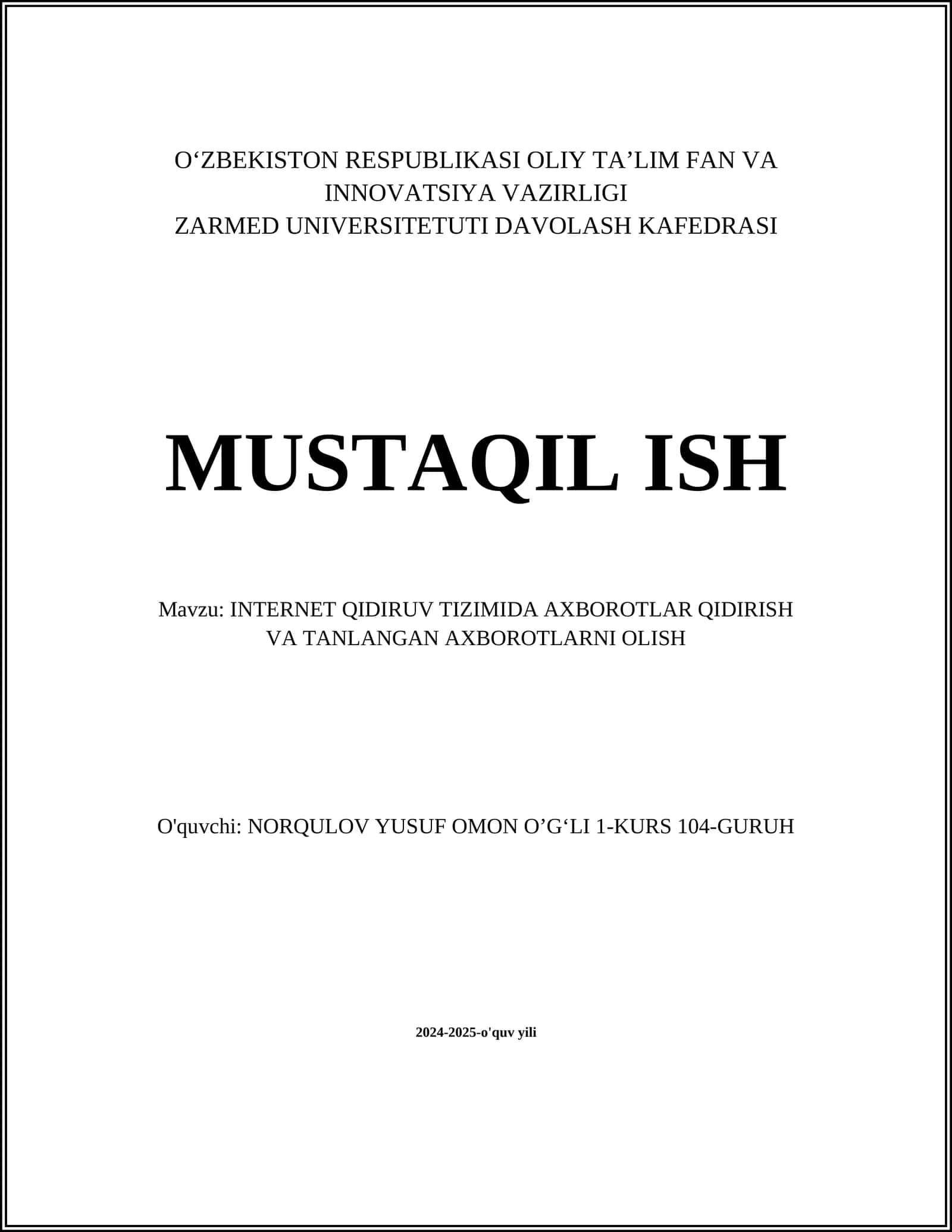 INTERNET QIDIRUV TIZIMIDA AXBOROTLAR QIDIRISH VA TANLANGAN AXBOROTLARNI OLISH 1