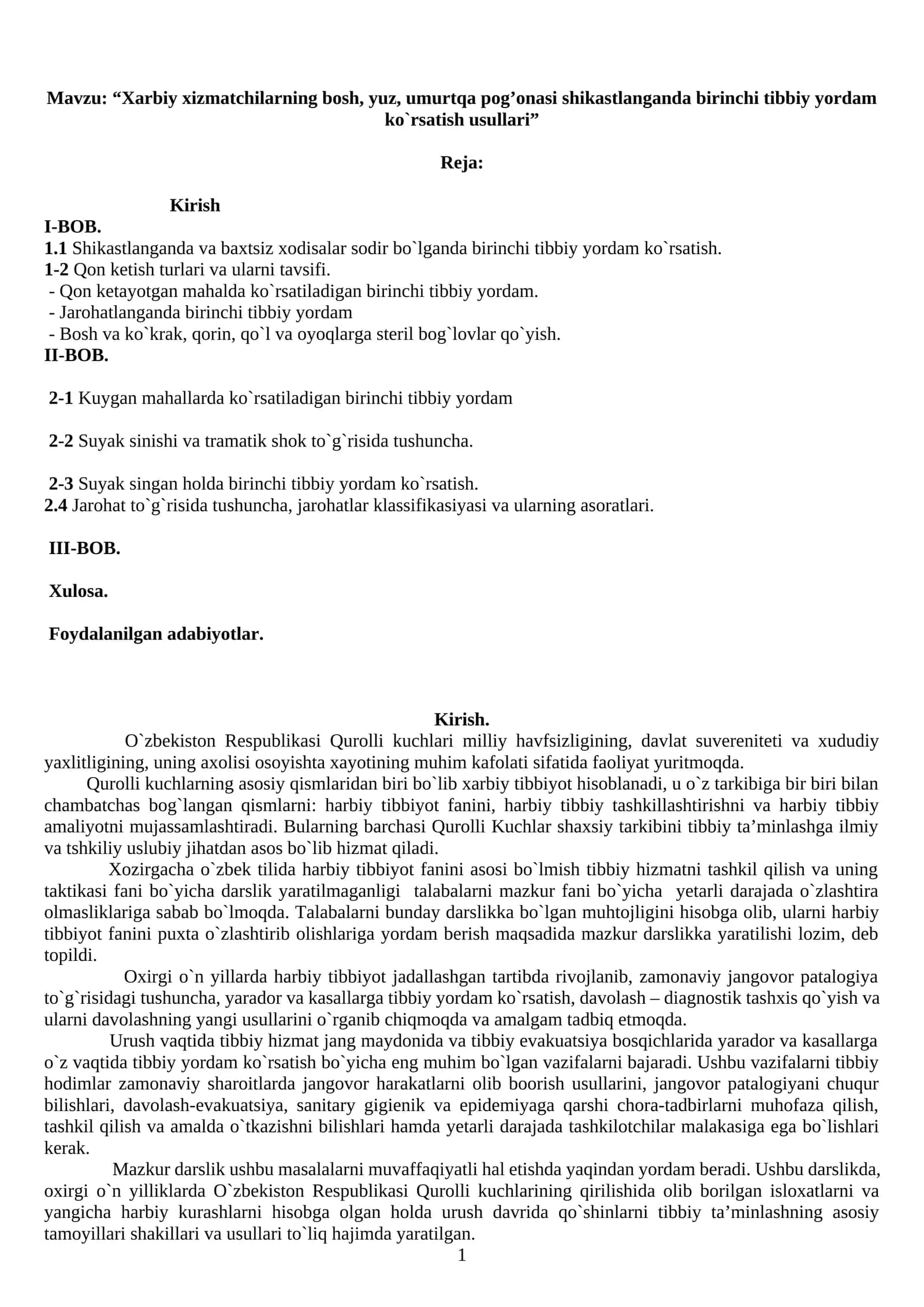 Xarbiy xizmatchilarning bosh, yuz, umurtqa pog’onasi shikastlanganda birinchi tibbiy yordam ko`rsatish usullari 1