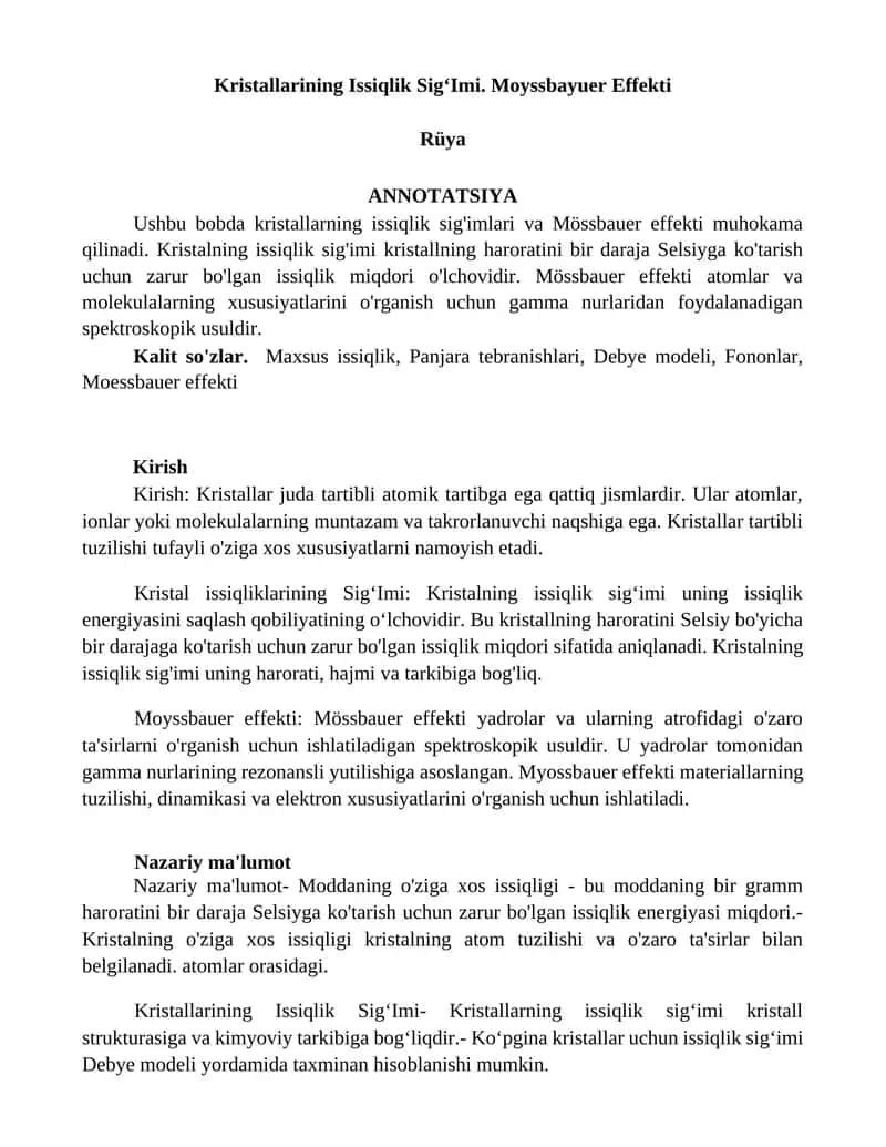 Kristallarining Issiqlik SigʻImi. Moyssbayuer Effekti 1