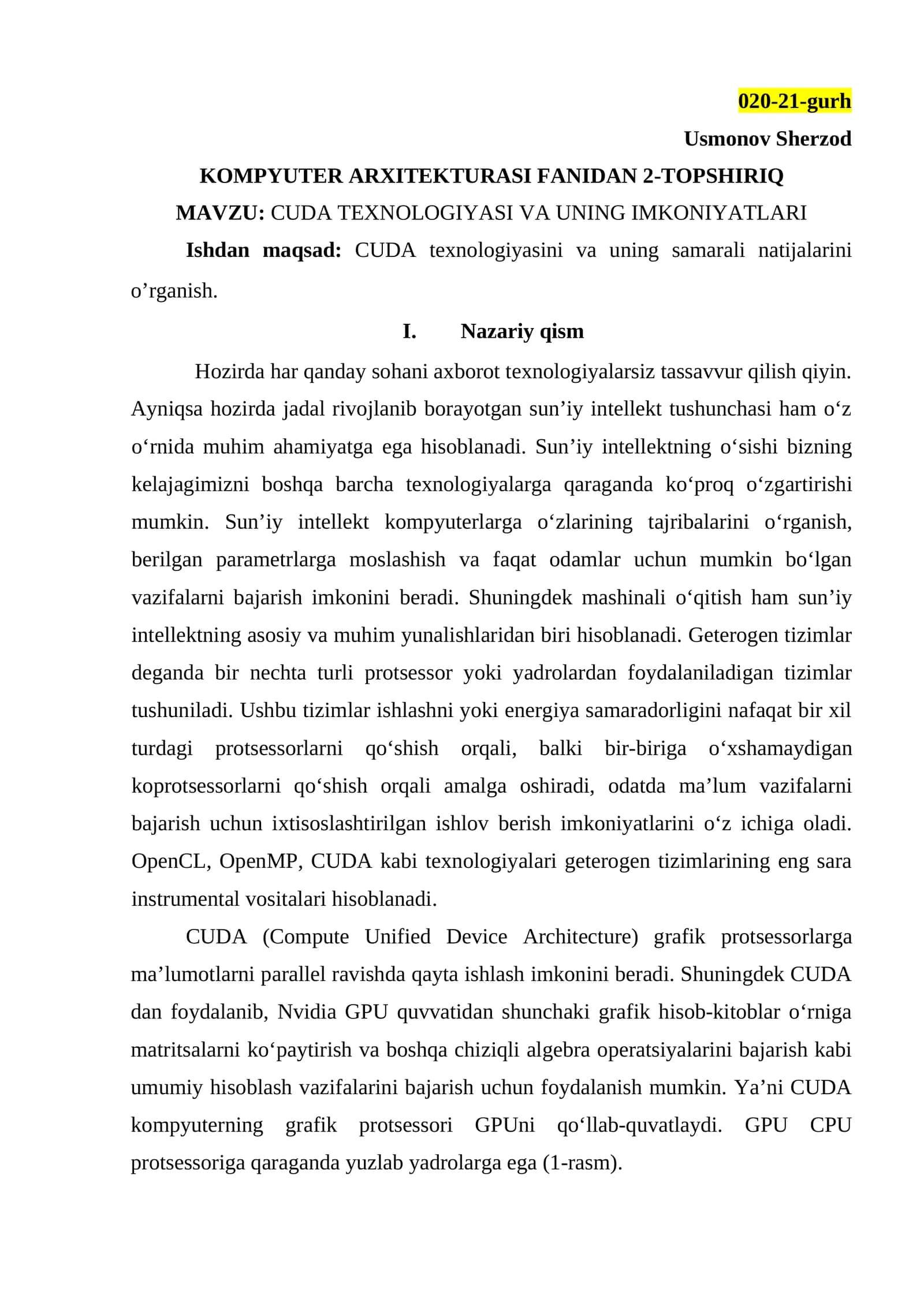 CUDA TEXNOLOGIYASI VA UNING IMKONIYATLARI 1
