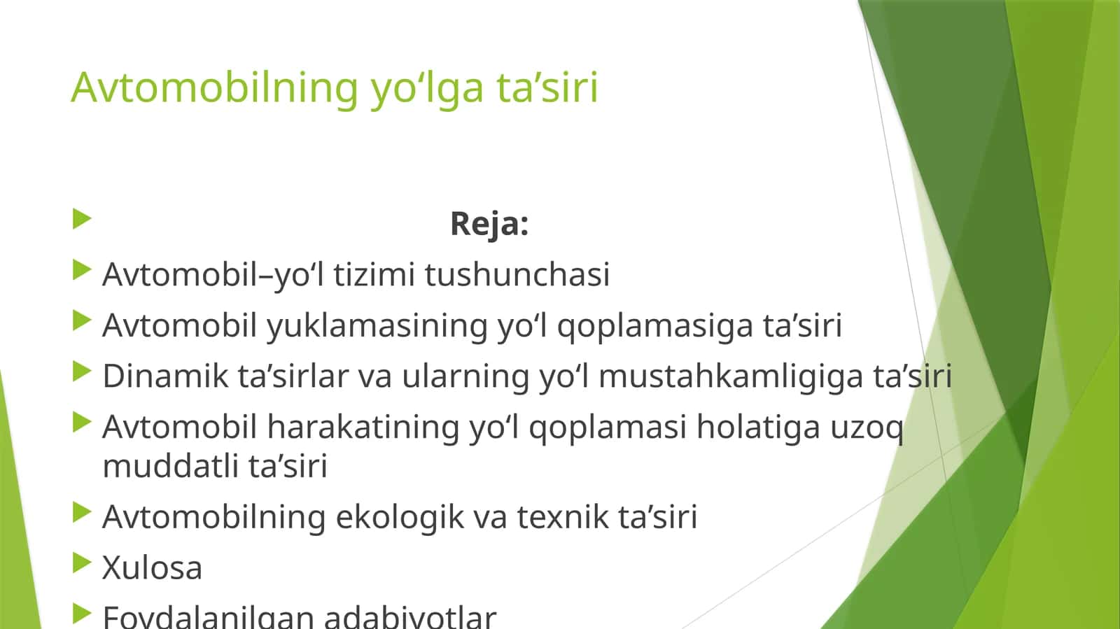 Avtomobilning yo‘lga ta’siri 1