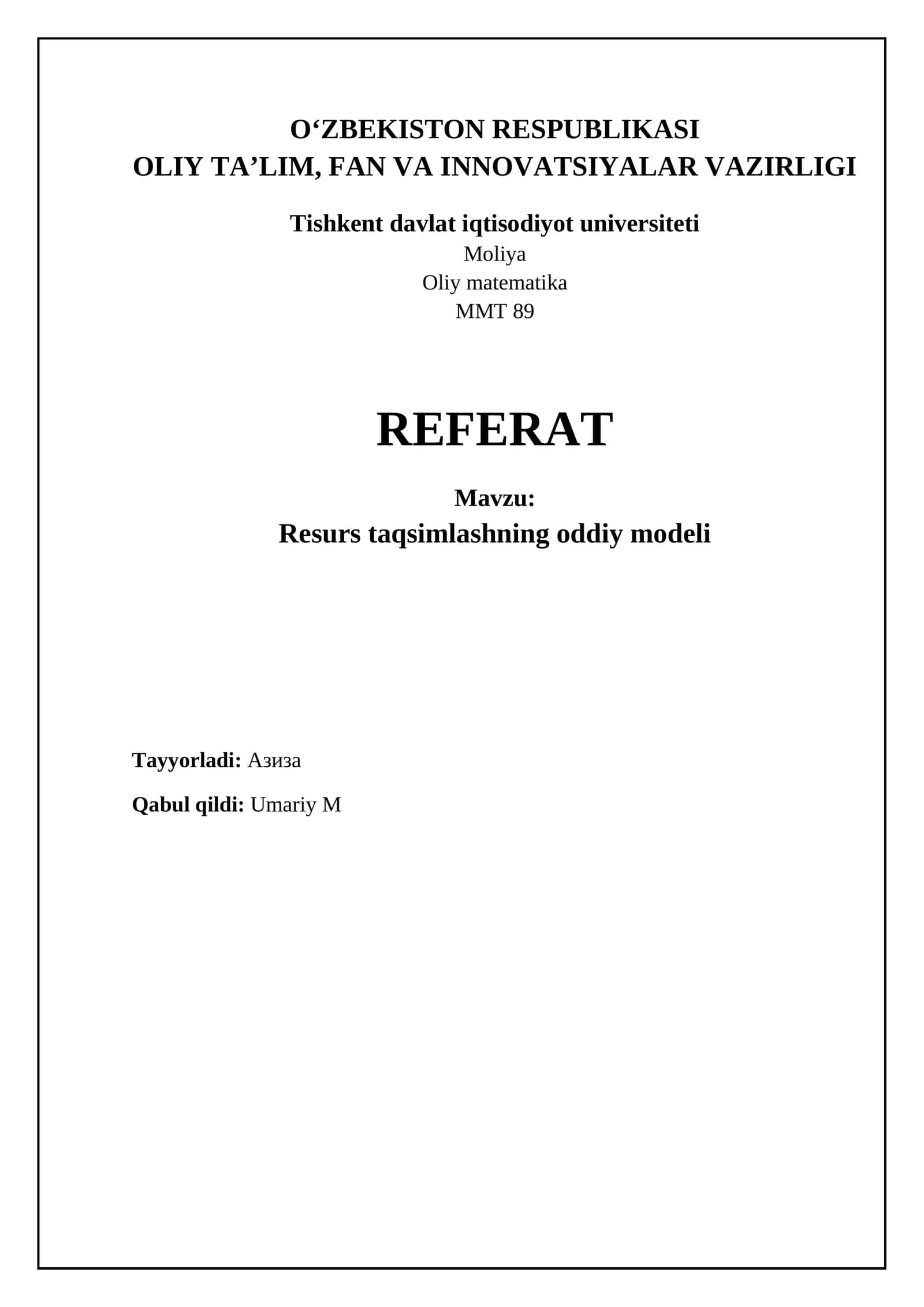 Resurs taqsimlashning oddiy modeli 1