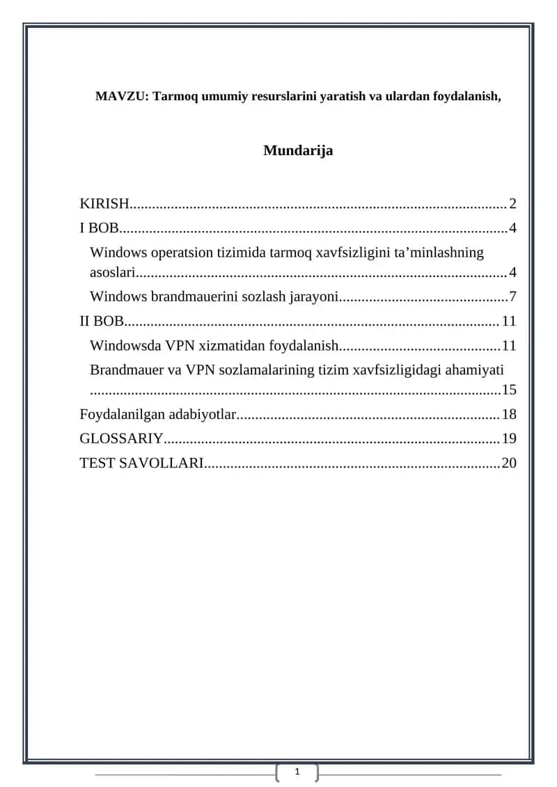 Windows operatsion tizimida tarmoq xavfsizligini ta’minlashning asoslari 1