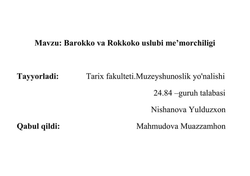 Barokko va Rokkoko uslubi me’morchiligi 1