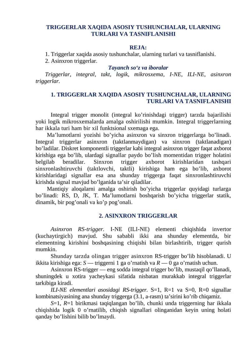 TRIGGERLAR XAQIDA ASOSIY TUSHUNCHALAR, ULARNING TURLARI VA TASNIFLANISHI 1