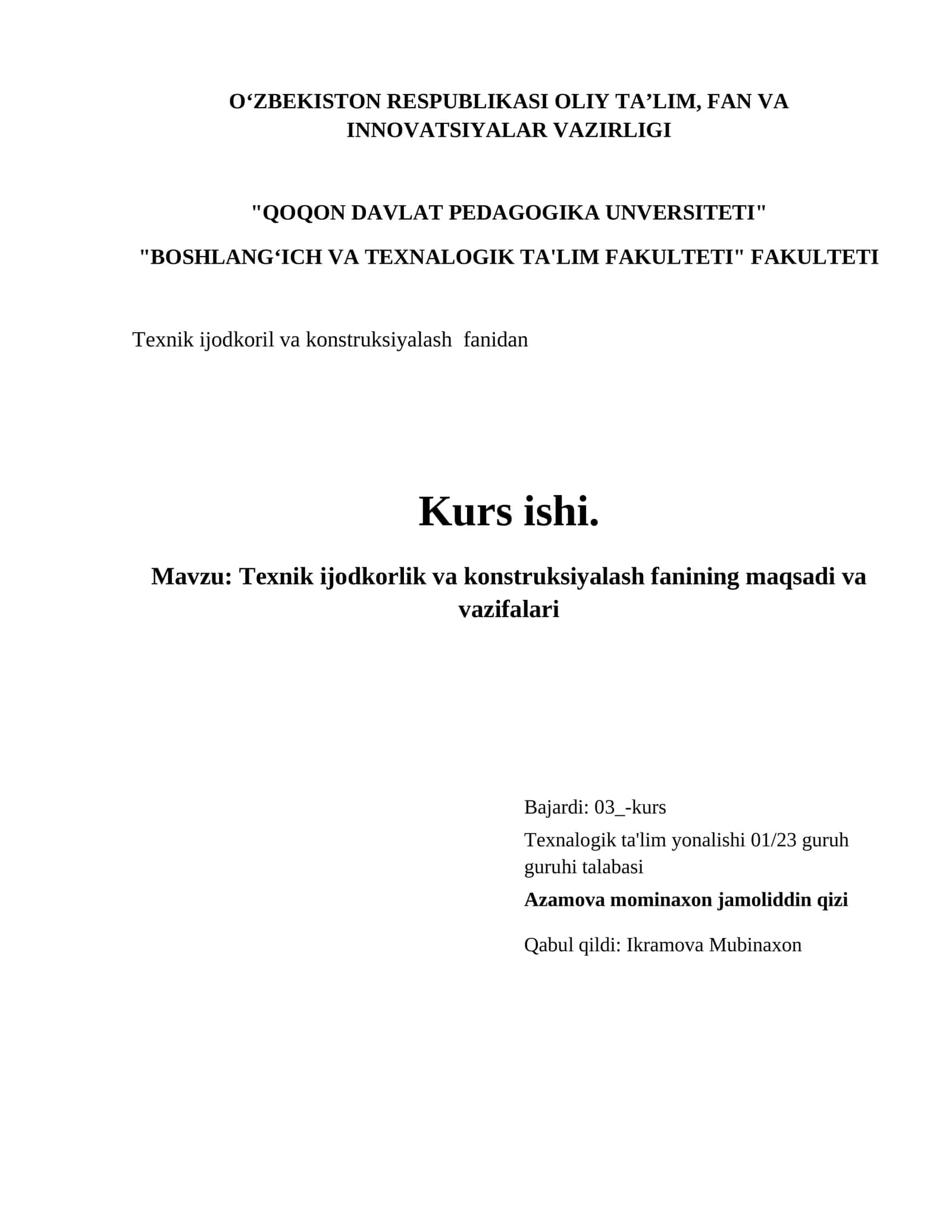 Texnik ijodkorlik va konstruksiyalash fanining maqsadi va vazifalari 1