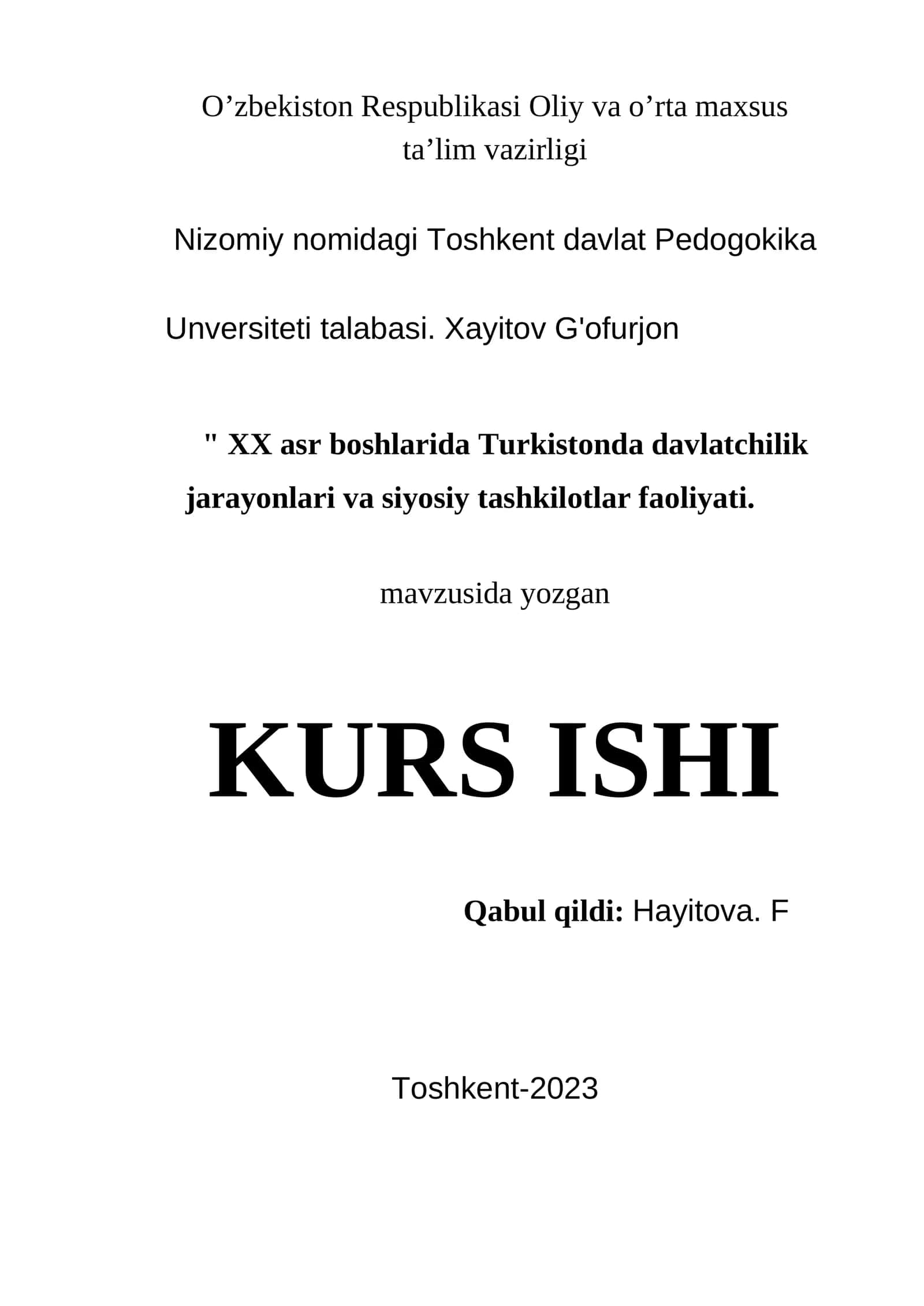 XX asr boshlarida Turkistonda davlatchilik jarayonlari va siyosiy tashkilotlar faoliyat 1